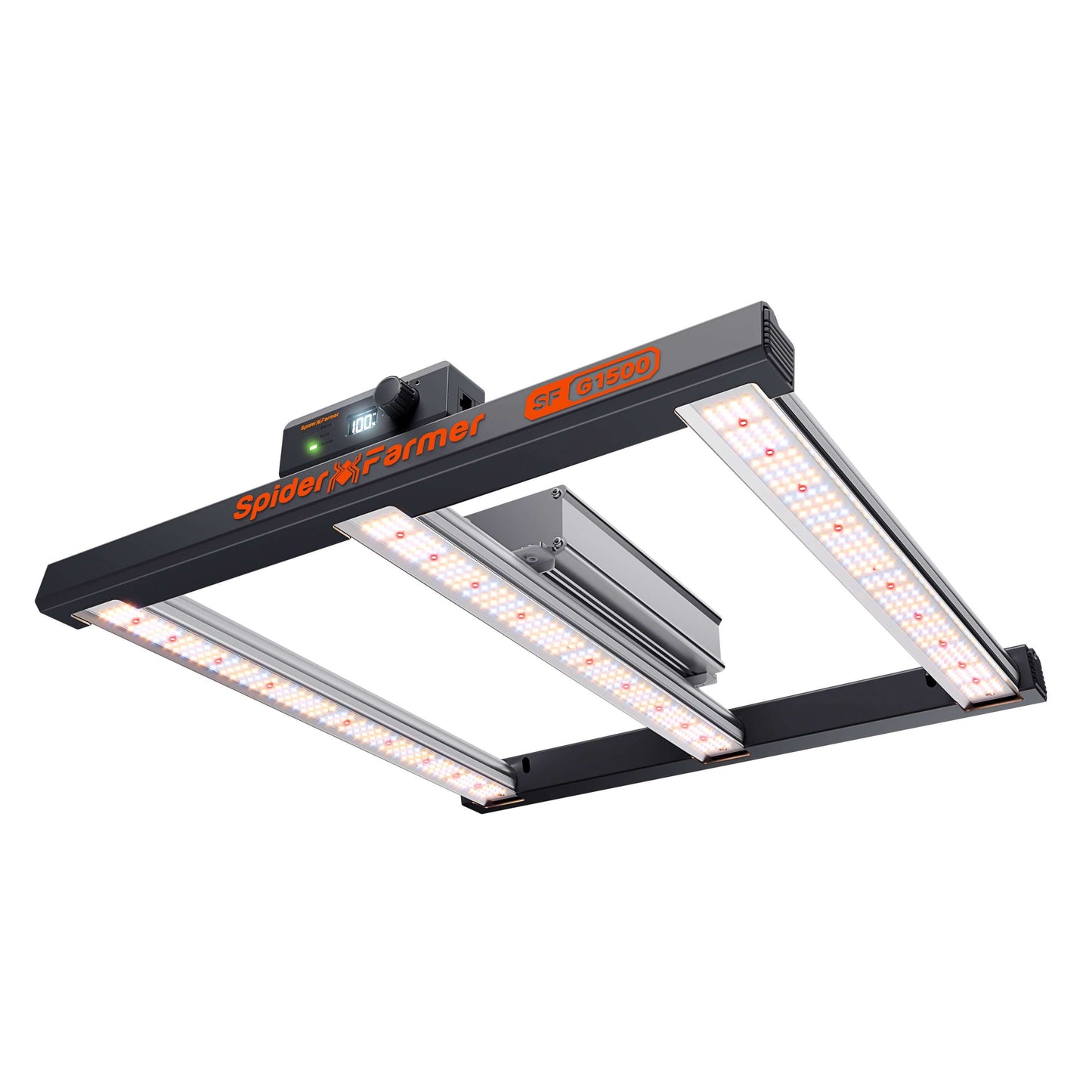Spider Farmer G1500 150W dimmable full spectrum LED grow light with Bridgelux diodes for optimal plant growth.