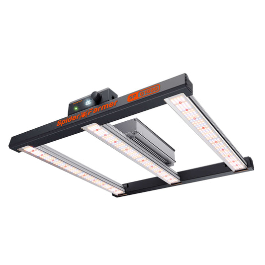 Spider Farmer G1500 150W dimmable full spectrum LED grow light with Bridgelux diodes for optimal plant growth.