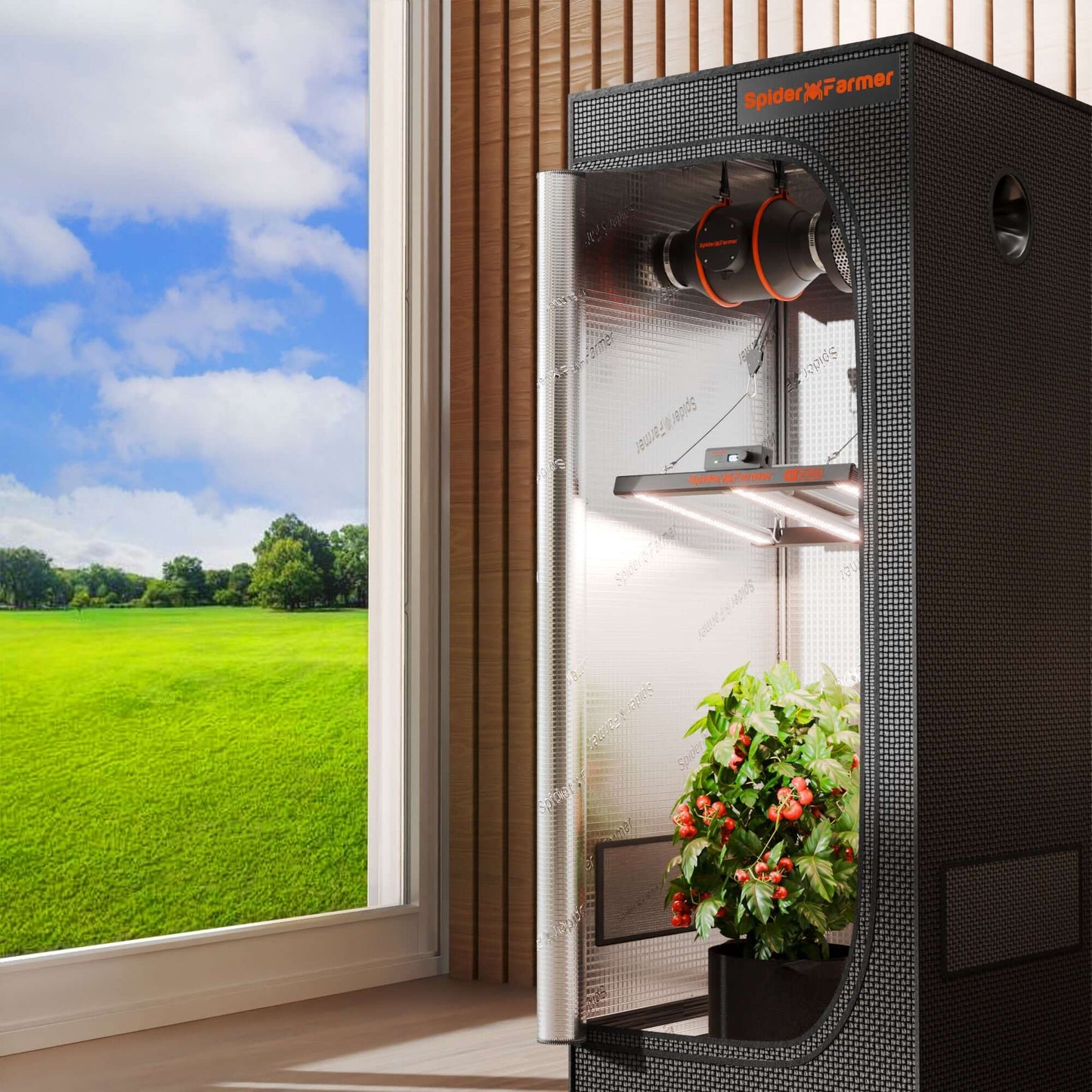 Spider Farmer G1500 LED Grow Light in a grow box with plants and a scenic outdoor view.