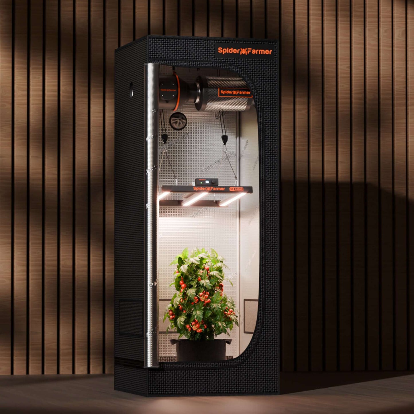Spider Farmer LED grow tent showcasing plants under the Spider Farmer G1500 grow light.