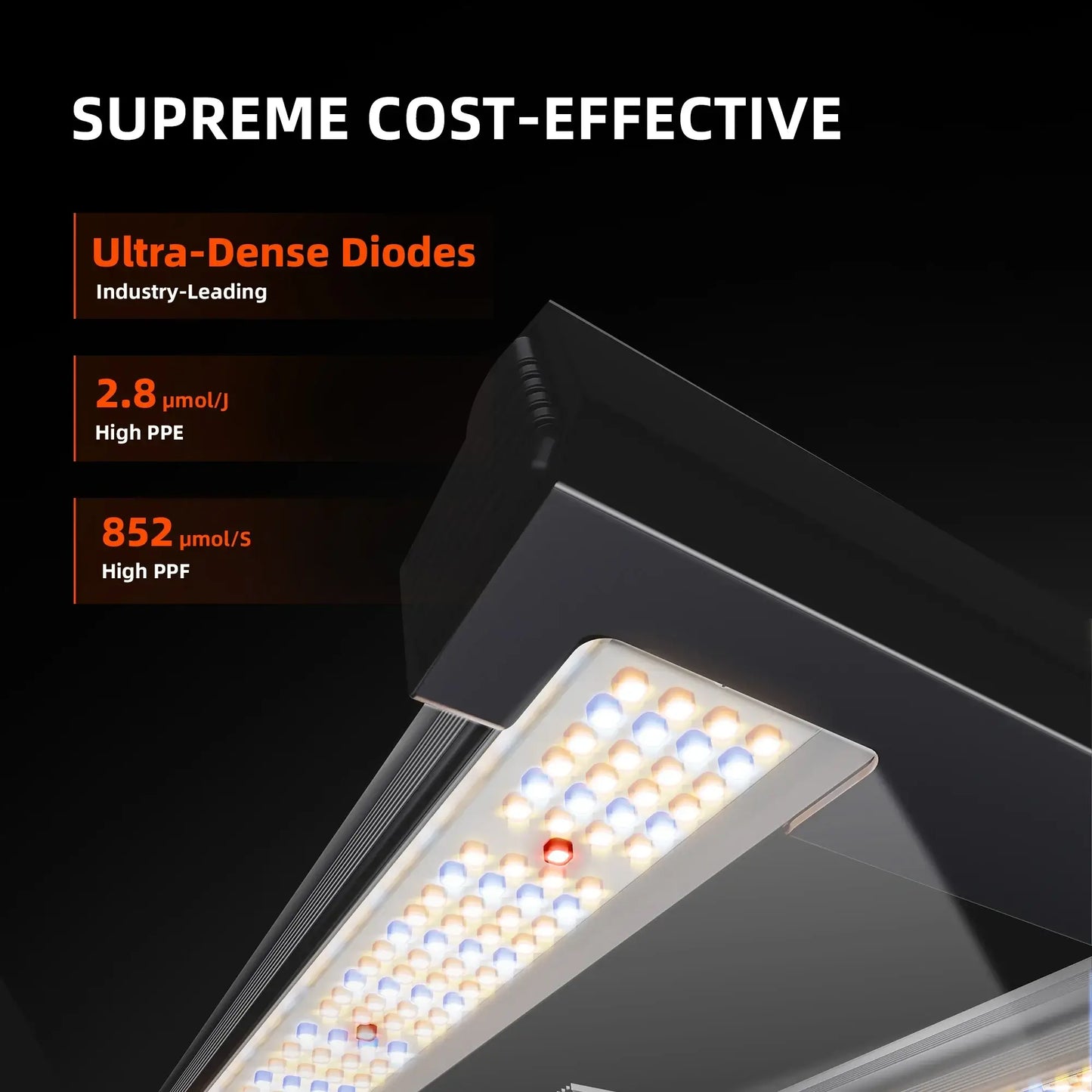 Close-up of Spider Farmer G3000 LED grow light showcasing ultra-dense diodes and high PPF ratings for effective plant growth.