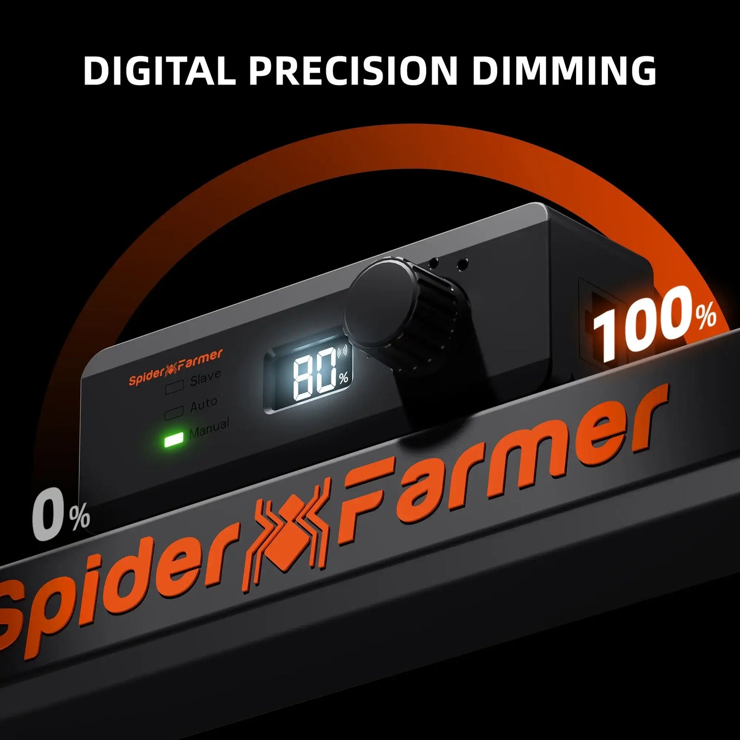 Spider Farmer digital precision dimming controller showing adjustable light intensity from 0% to 100% for optimal plant growth.
