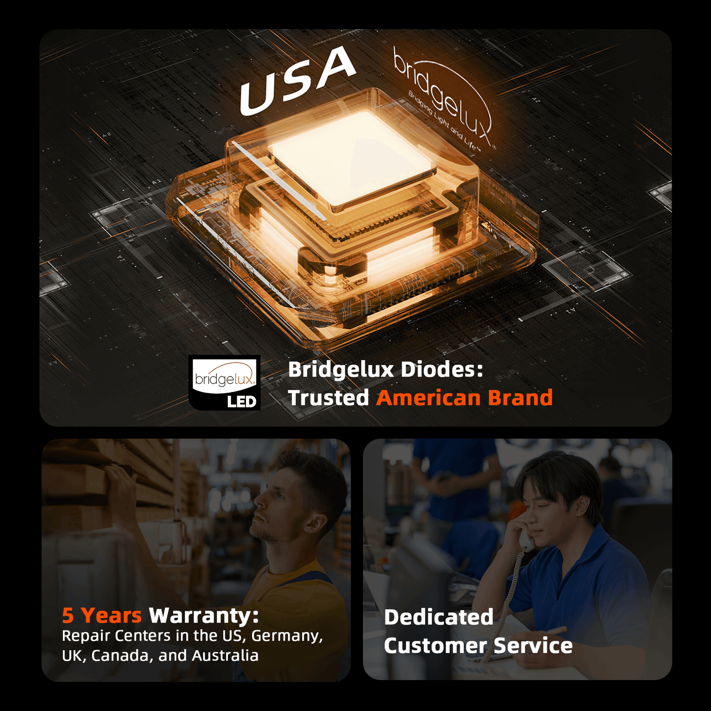BridgeLux LED diodes feature with warranty details and customer service information in a modern design.