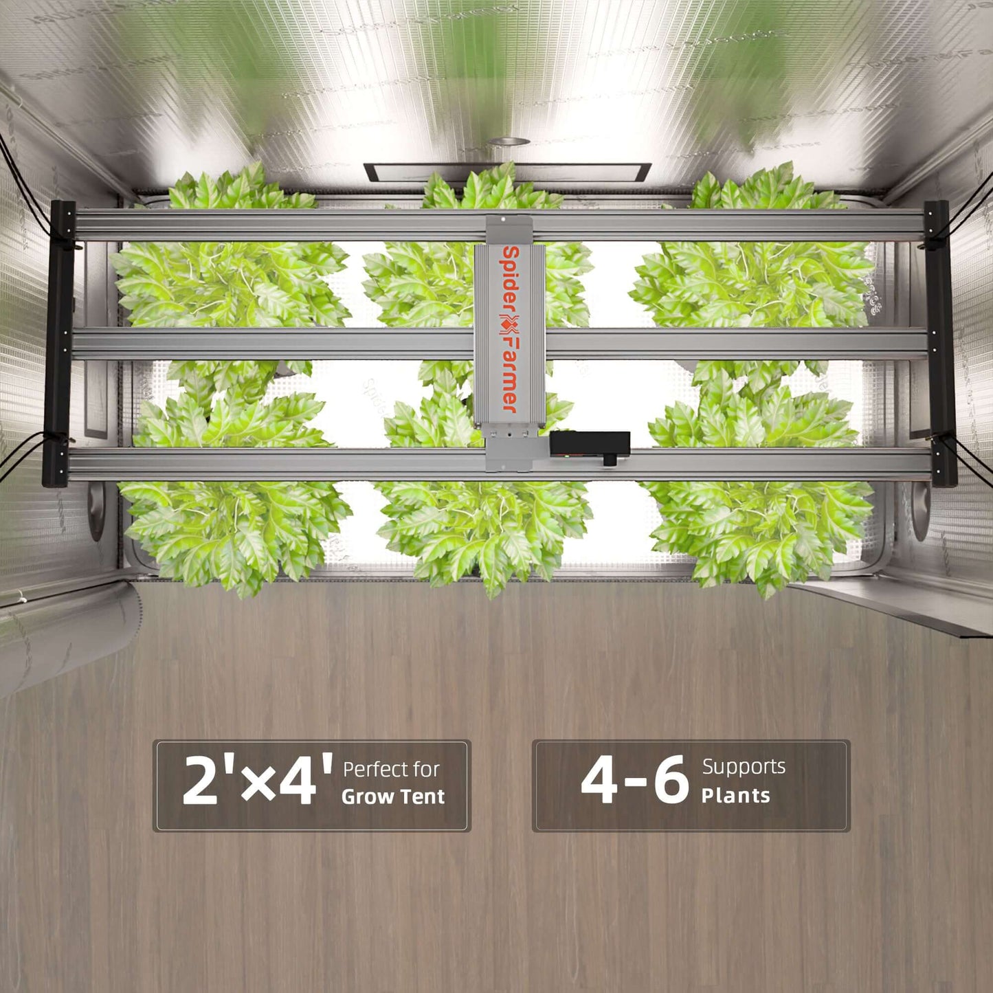 Spider Farmer G4500 LED grow light in a 2x4 grow tent supporting 4-6 plants for optimal indoor gardening.