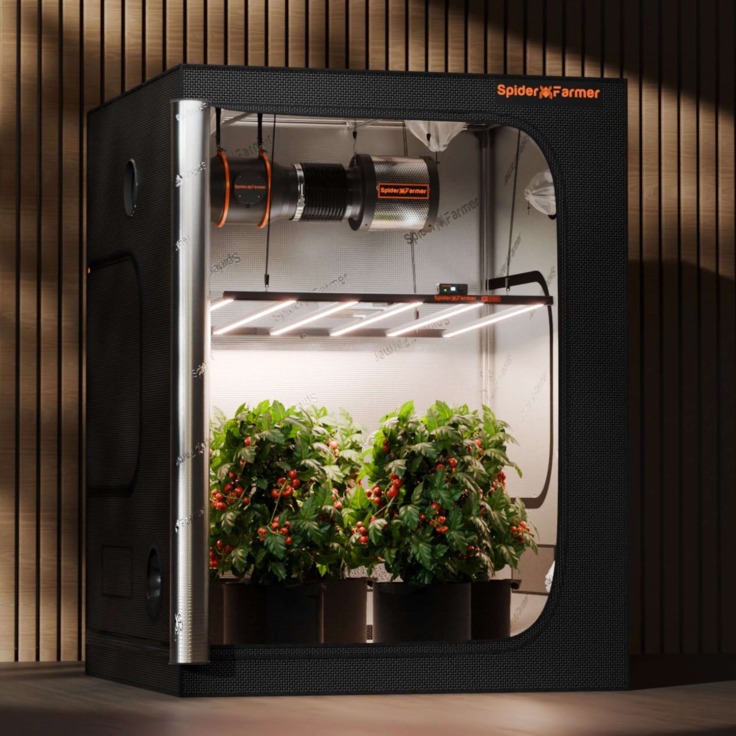 Spider Farmer G7000 grow tent featuring LED grow light and healthy green plants in pots.