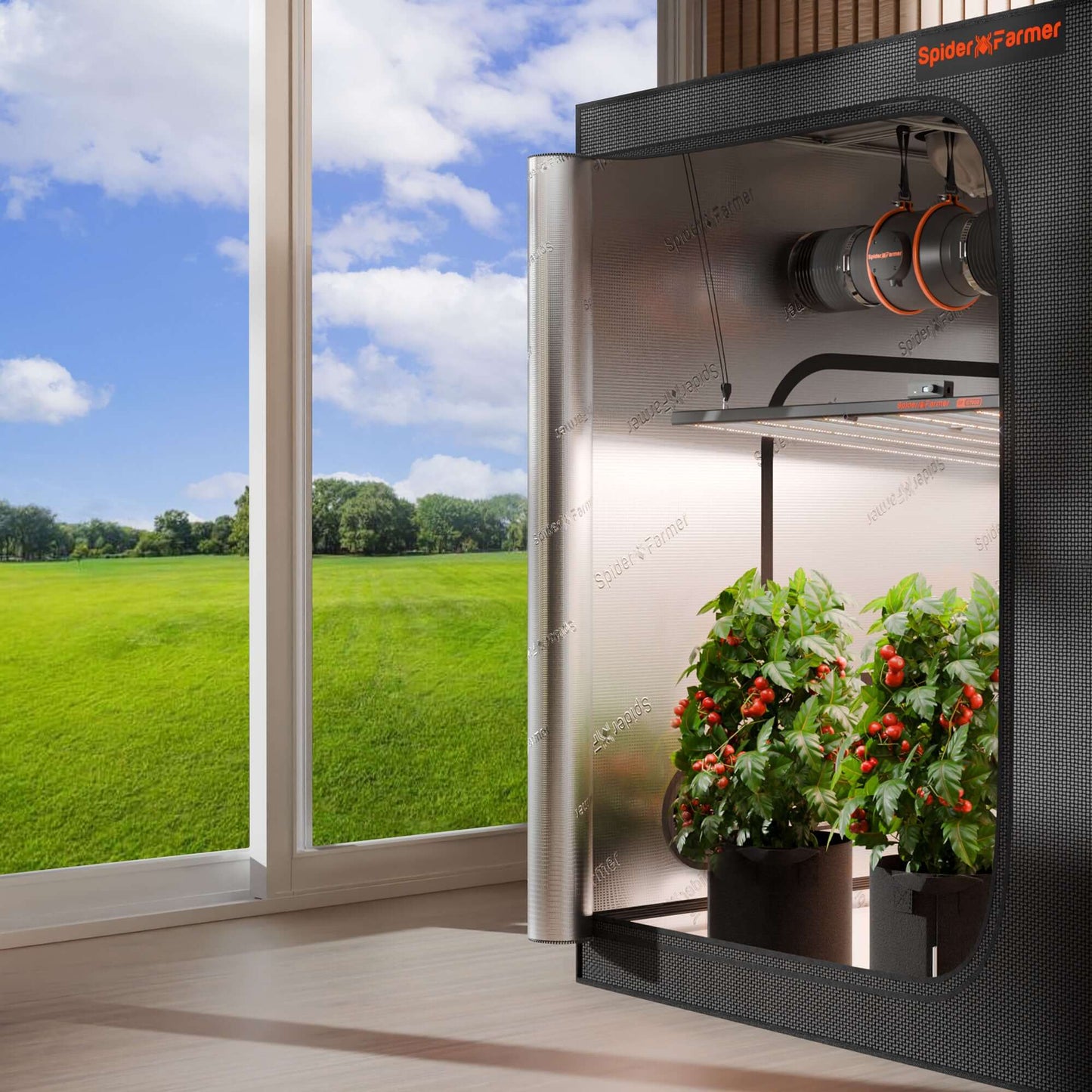 Spider Farmer G7000 LED grow light in a modern indoor garden, promoting healthy plant growth with full spectrum light.