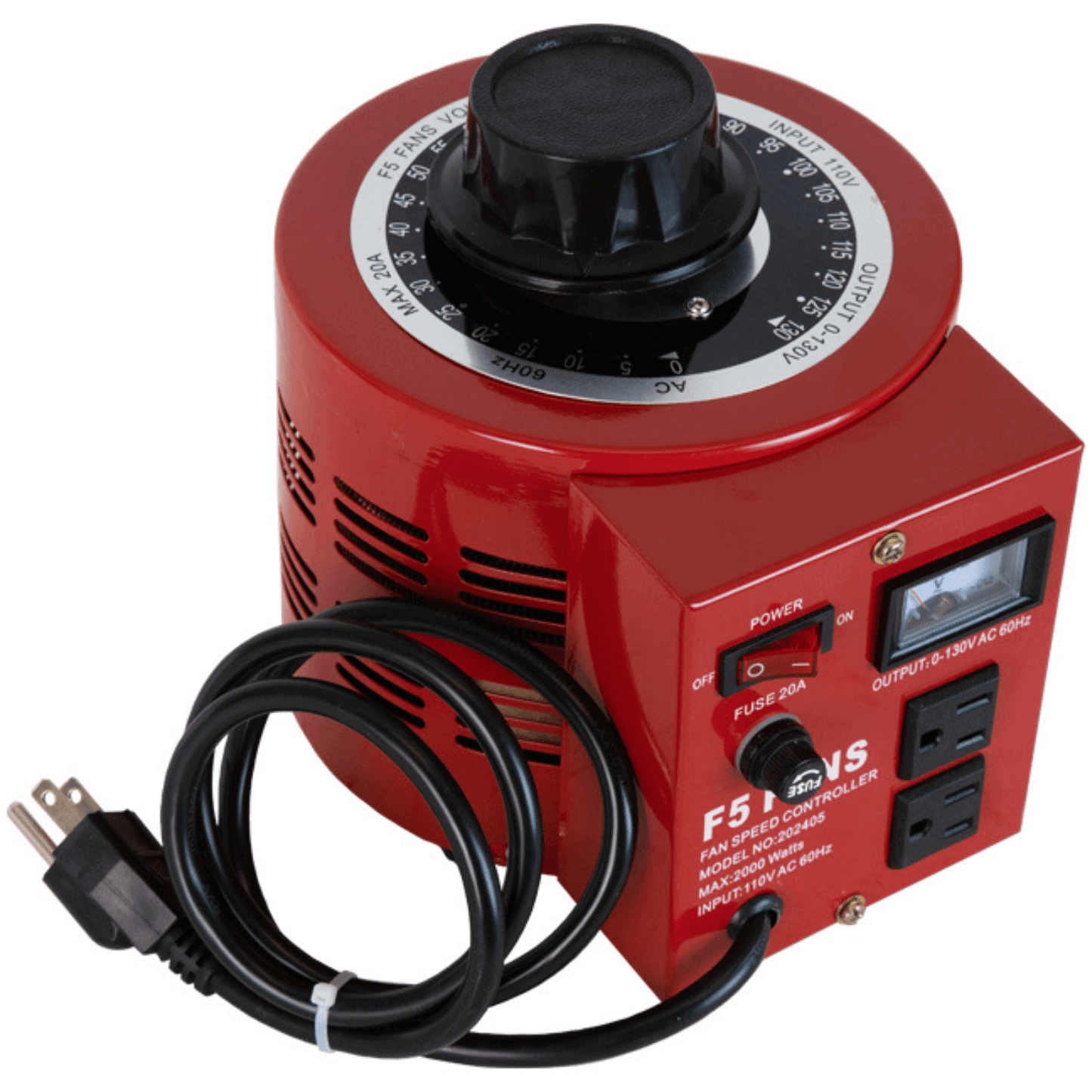 F5 Fans Dual Outlet 20A 2000W Variable Voltage Speed Controller with power cord and voltage adjustment dial