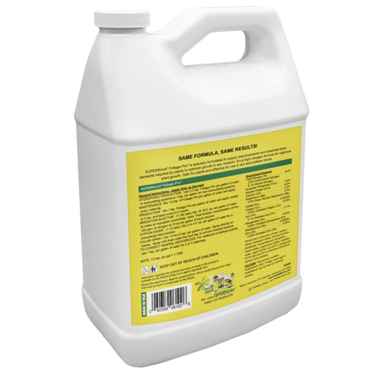 Dyna-Gro SUPERthrive Foliage-Pro 1 Gallon bottle with nutrient details on label for optimal plant growth.