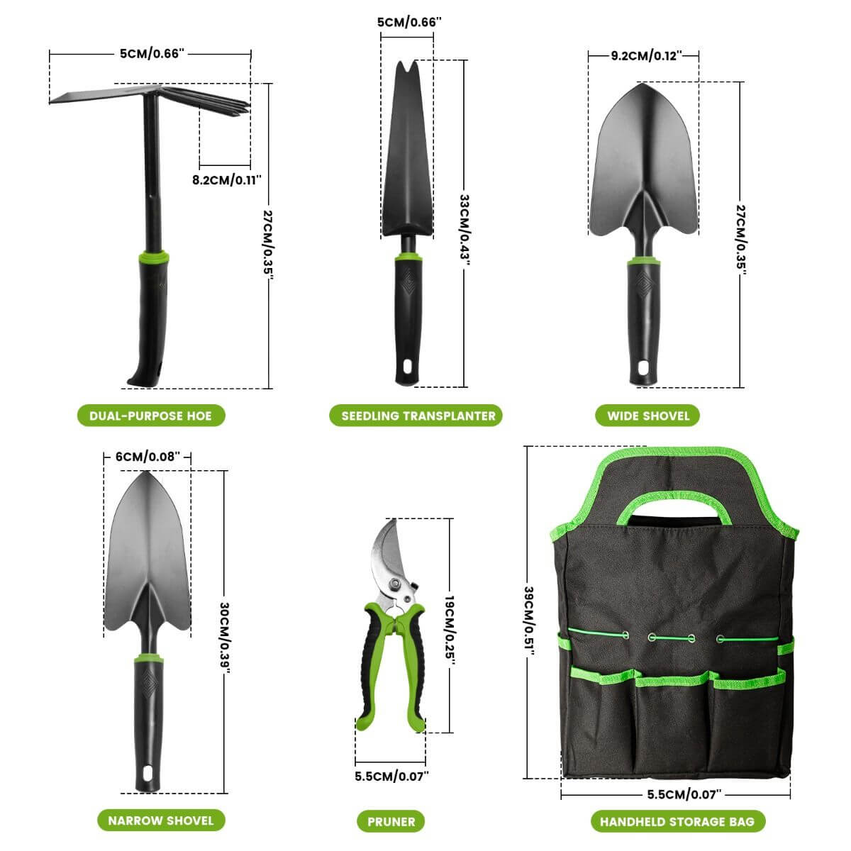 Mars Hydro 6 Piece Heavy Duty Garden Tool Set with dual-purpose hoe, seedling transplanter, wide shovel, narrow shovel, and pruner.