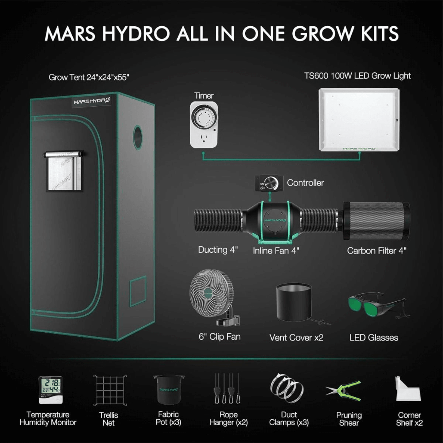 Mars Hydro TS 600 LED Grow Light + 2' x 2' Grow Tent + Inline Fan Combo with Speed Controller