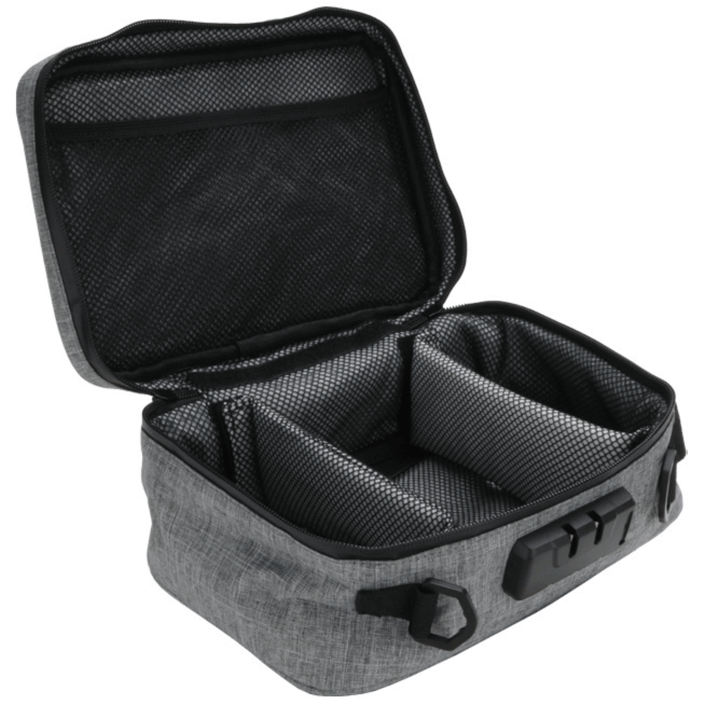 Funk Fighter gray lockable stash carrying case open with compartments, ideal for secure storage and odor control.