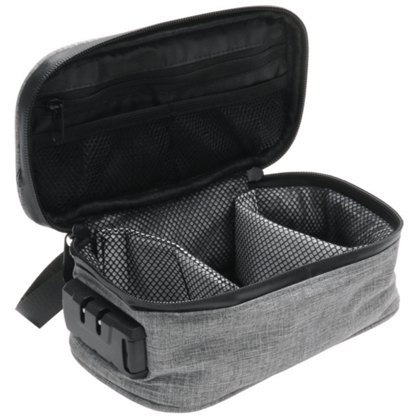 Funk Fighter gray lockable stash case with compartments and mesh pocket for secure odor-proof storage.