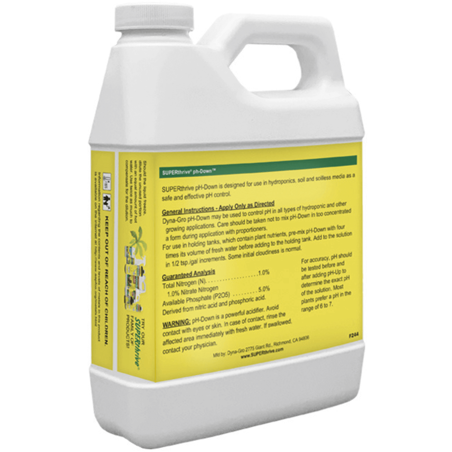 Dyna-Gro SUPERthrive pH-Down 1 Quart bottle for optimal nutrient solution pH management in hydroponics and soil gardening.