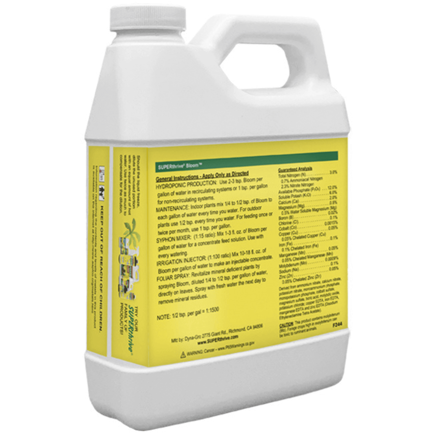 Dyna-Gro SUPERthrive Bloom 1 Quart plant nutrient formula bottle with nutrient details on label.