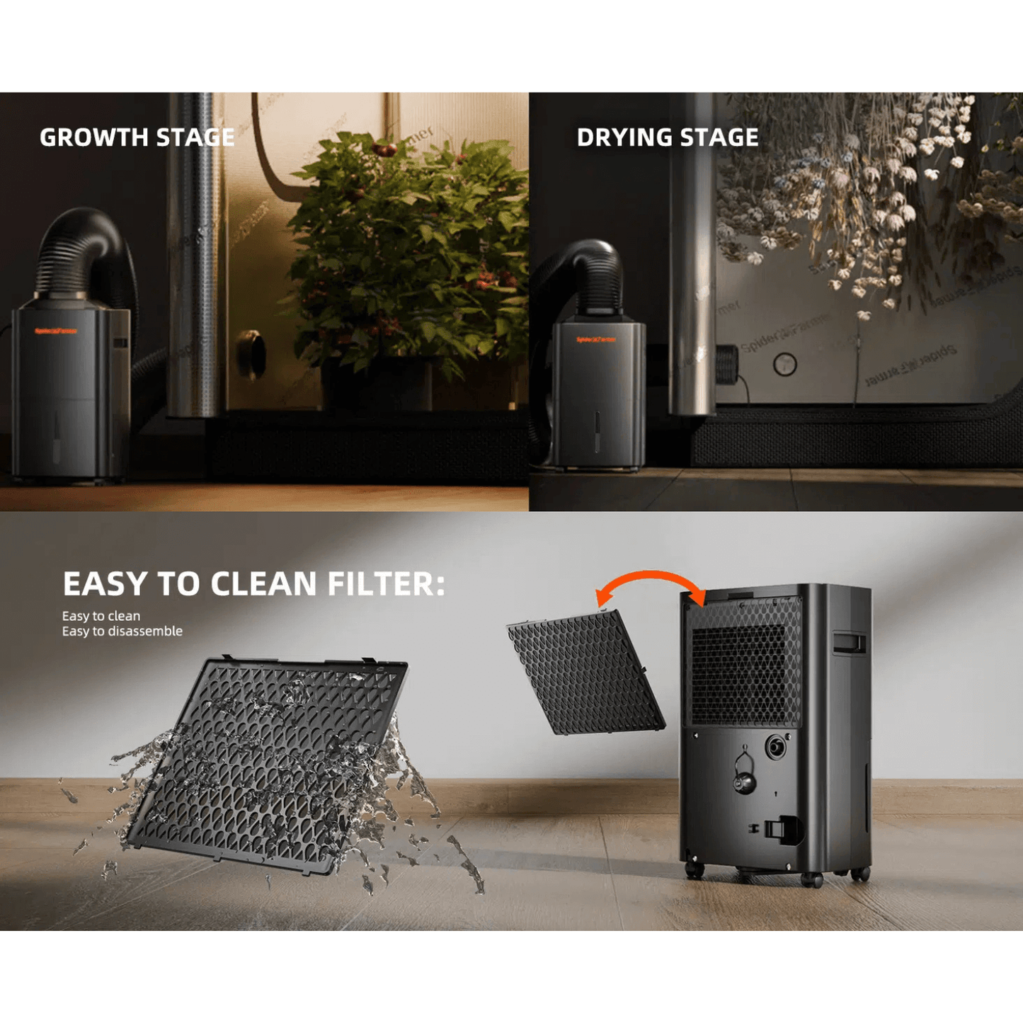 Spider Farmer dehumidifier in growth and drying stages with easy-to-clean filter feature.