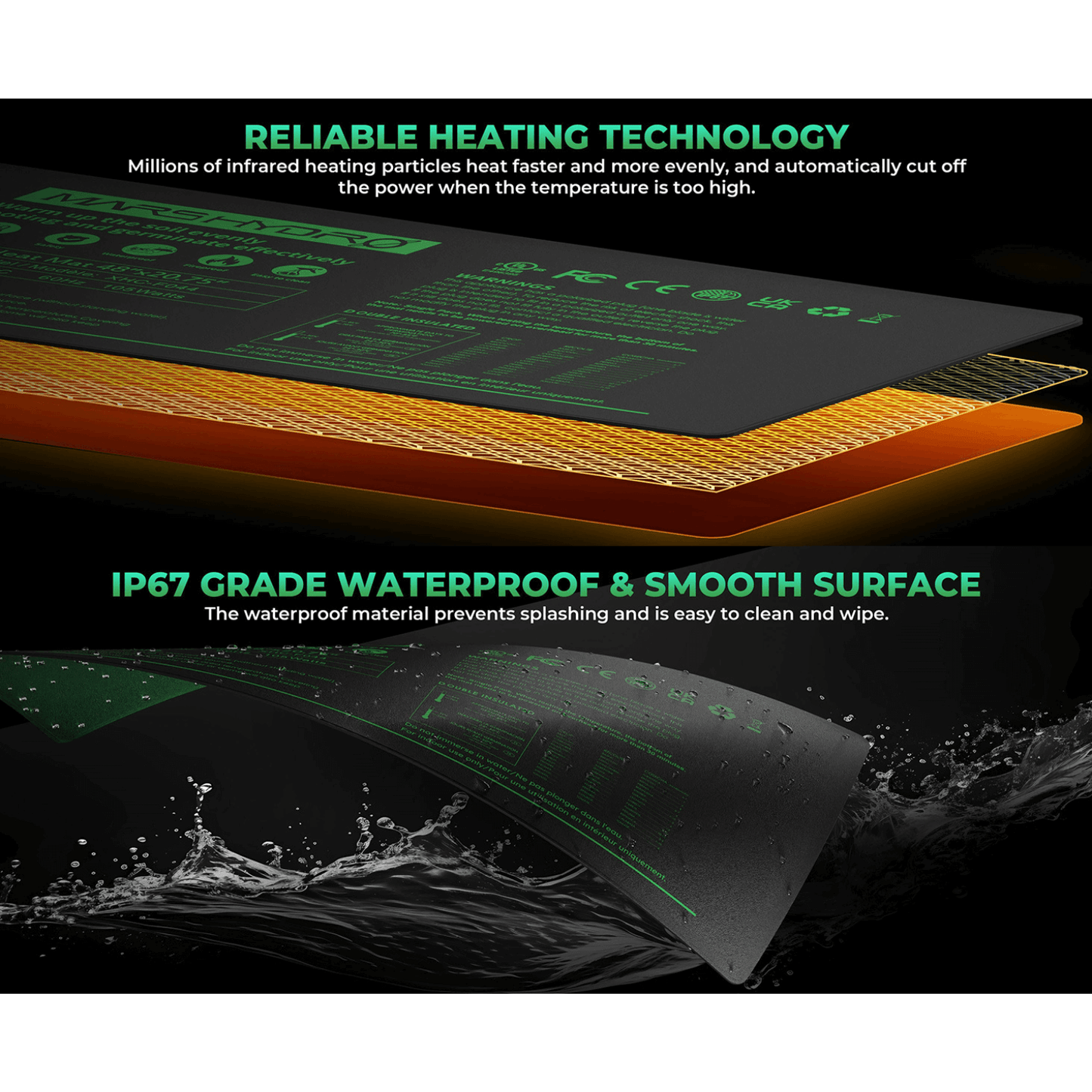 Mars Hydro heat mat showcasing reliable heating technology and waterproof design for seedling care.