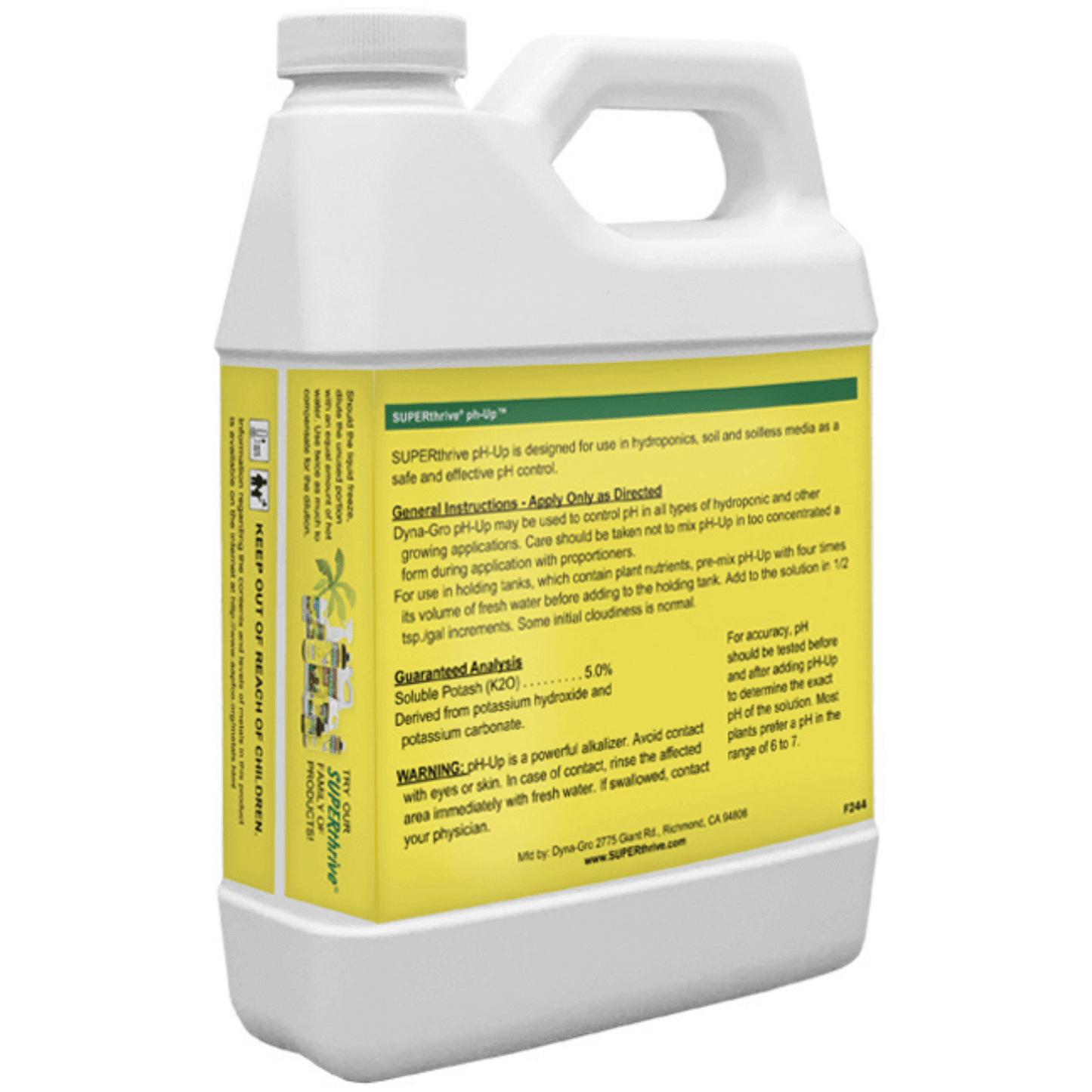 Dyna-Gro SUPERthrive pH-Up 1 Quart bottle for lowering pH in nutrient solutions and water for optimal growth.