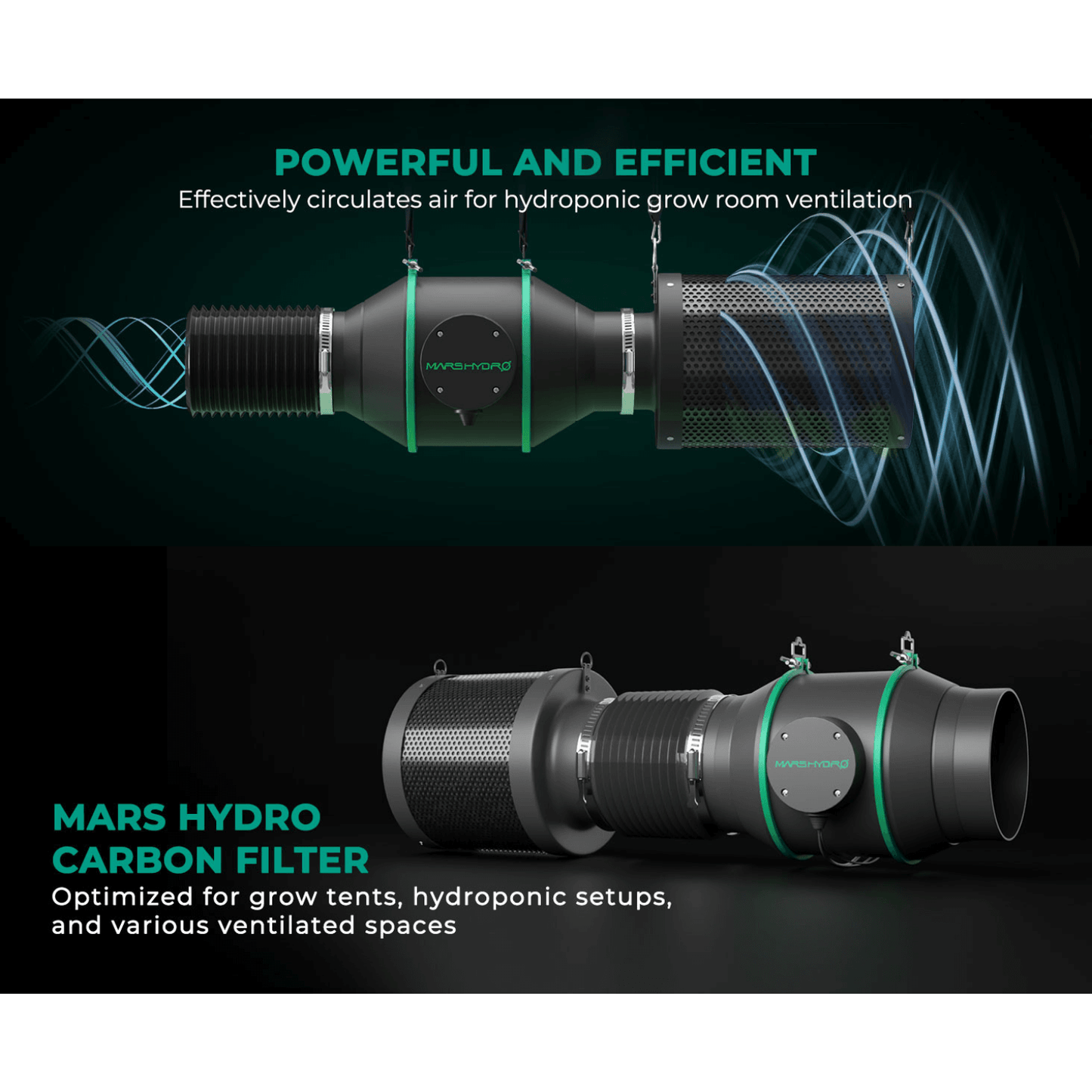 Mars Hydro 6" inline duct fan and carbon filter combo for hydroponic grow room ventilation.