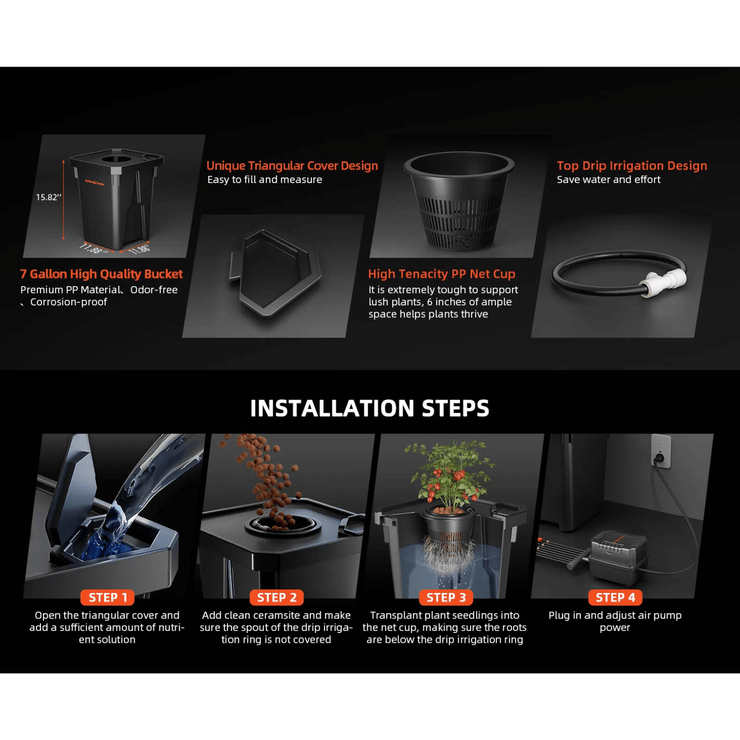 Installation steps for Spider Farmer Deep Water Culture Hydroponics System, featuring high-quality buckets and top drip design.