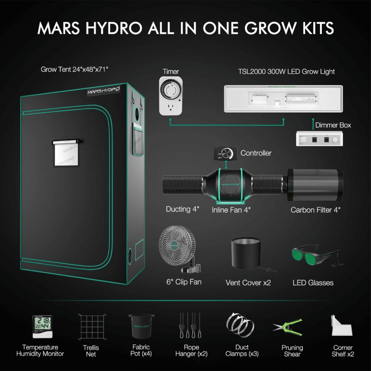 Mars Hydro TSL 2000 LED Grow Light + 2' x 4' Grow Tent + Inline Fan Combo with Speed Controller