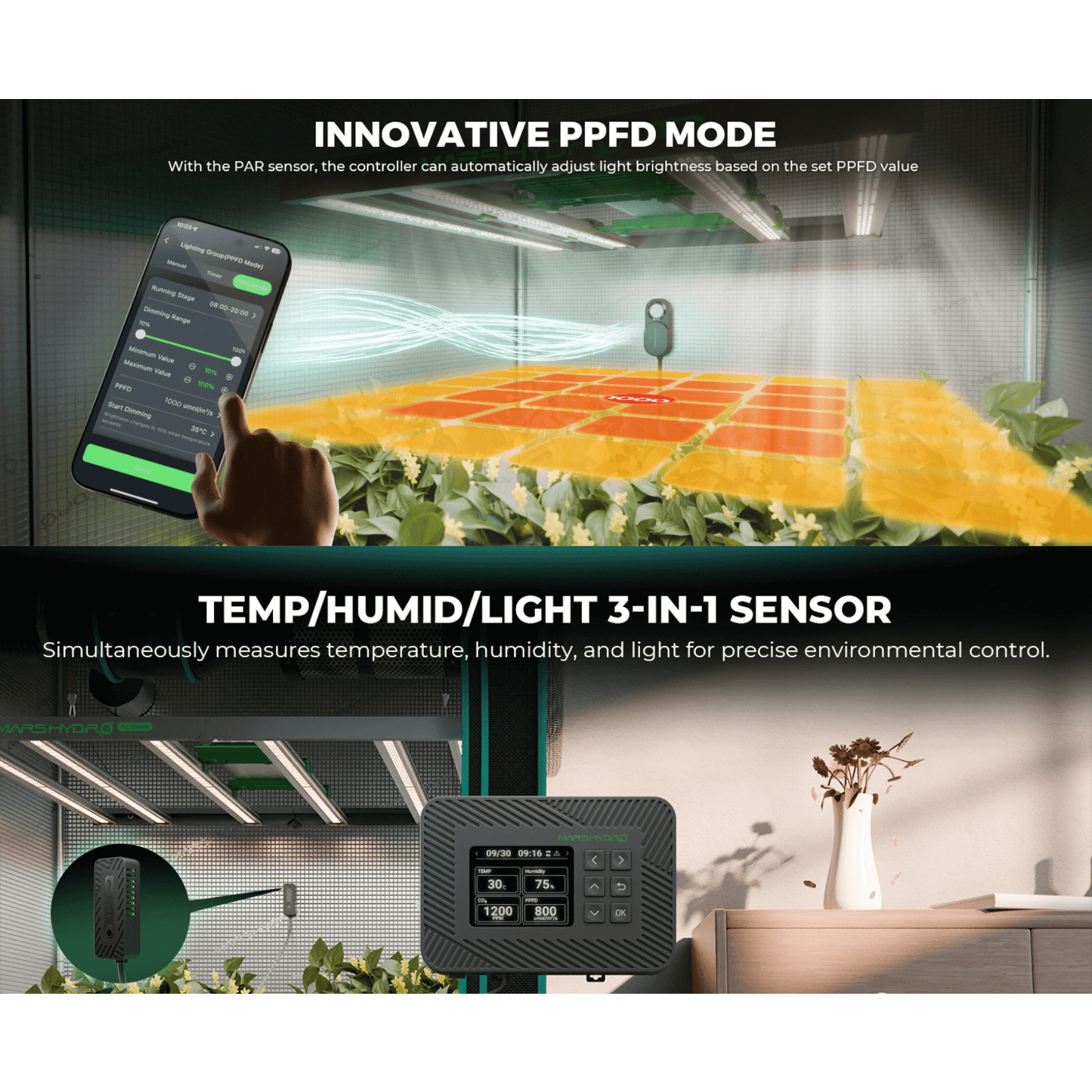 Mars Hydro Controller 43 features PPFD mode and a 3-in-1 sensor for optimal indoor plant growth.