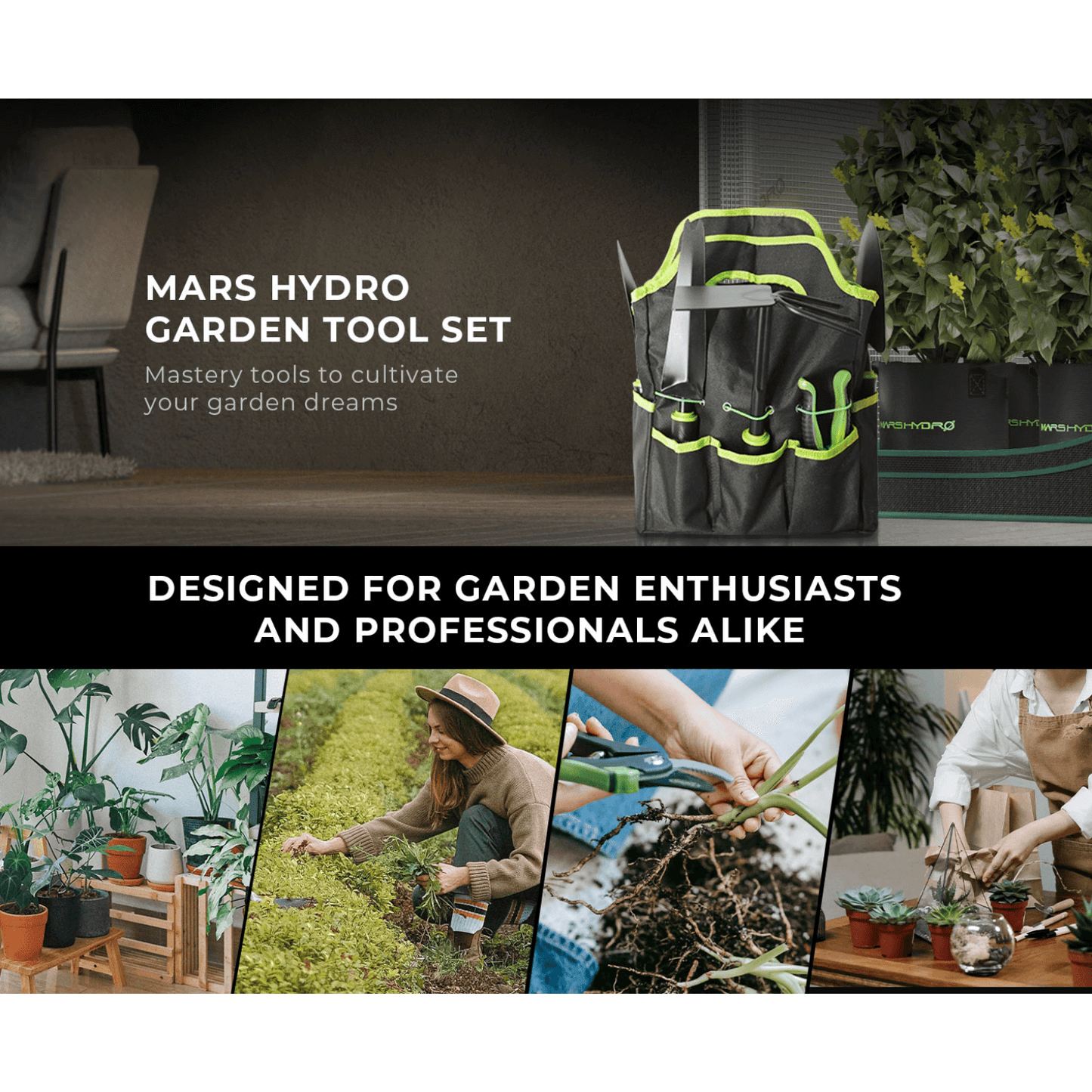 Mars Hydro 6 Piece Heavy Duty Garden Tool Set ideal for gardening enthusiasts and professionals, showcasing tools for cultivation and planting.