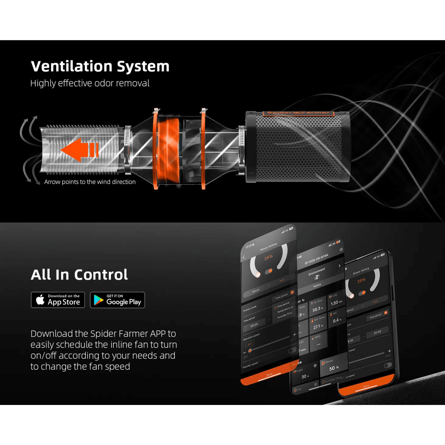 Spider Farmer ventilation system diagram showing effective odor removal and smartphone app controls for fan scheduling.