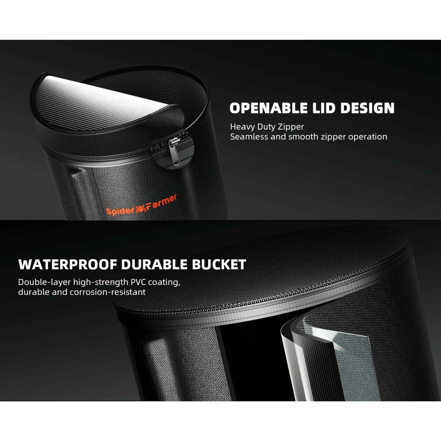 Spider Farmer waterproof durable bucket with heavy-duty zipper and openable lid design for efficient irrigation solutions.