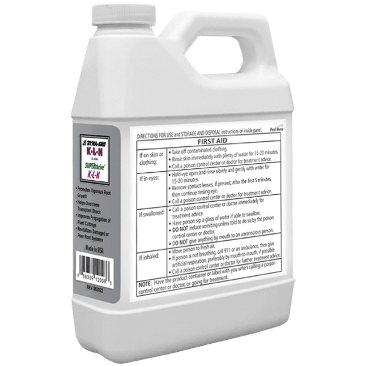 Dyna-Gro SUPERthrive K-L-N Rooting Concentrate 1 Quart bottle with label and first aid instructions. Ideal for plant propagation.