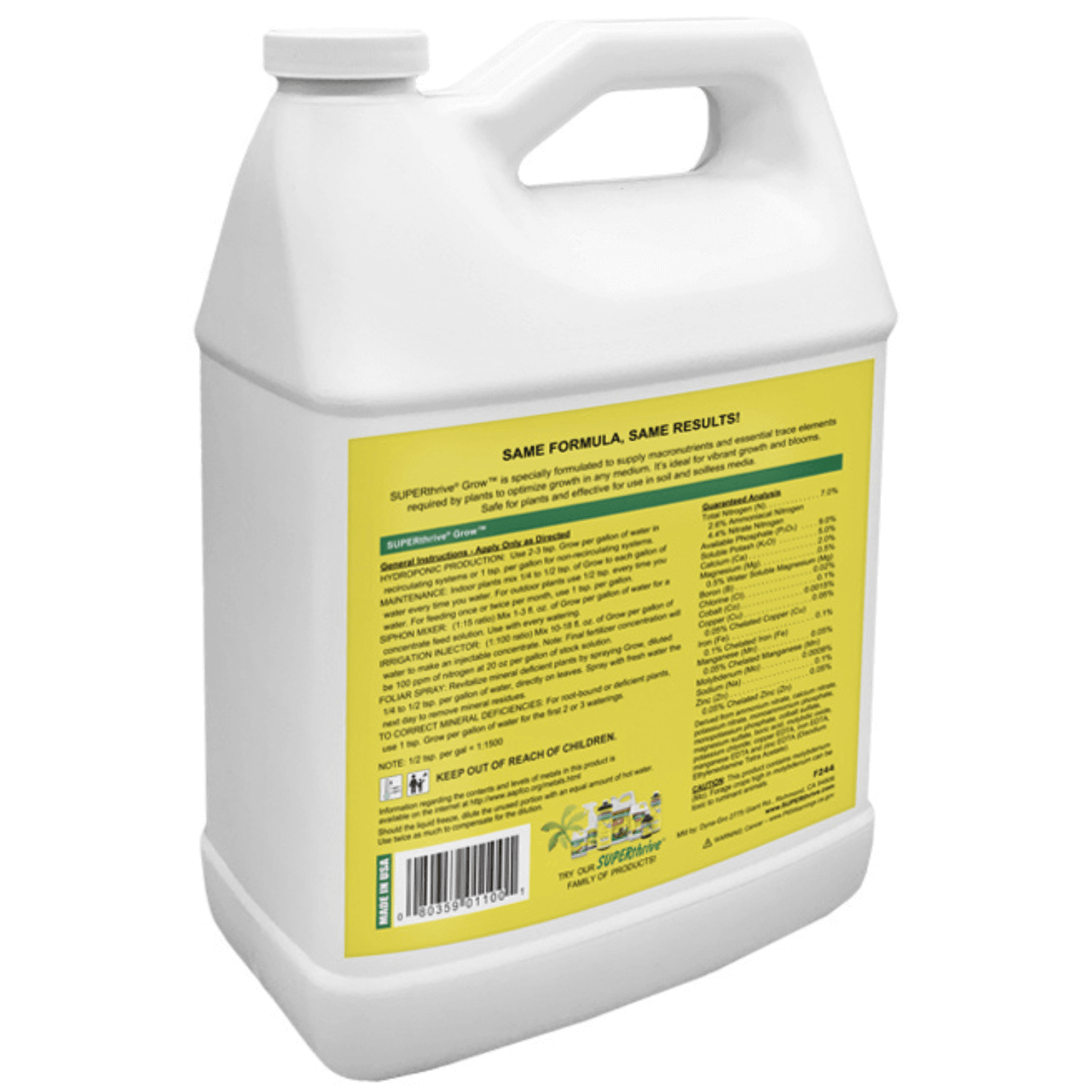 Dyna-Gro SUPERthrive Grow 1 Gallon bottle with product label showcasing nutritional formula for plant growth stimulation.