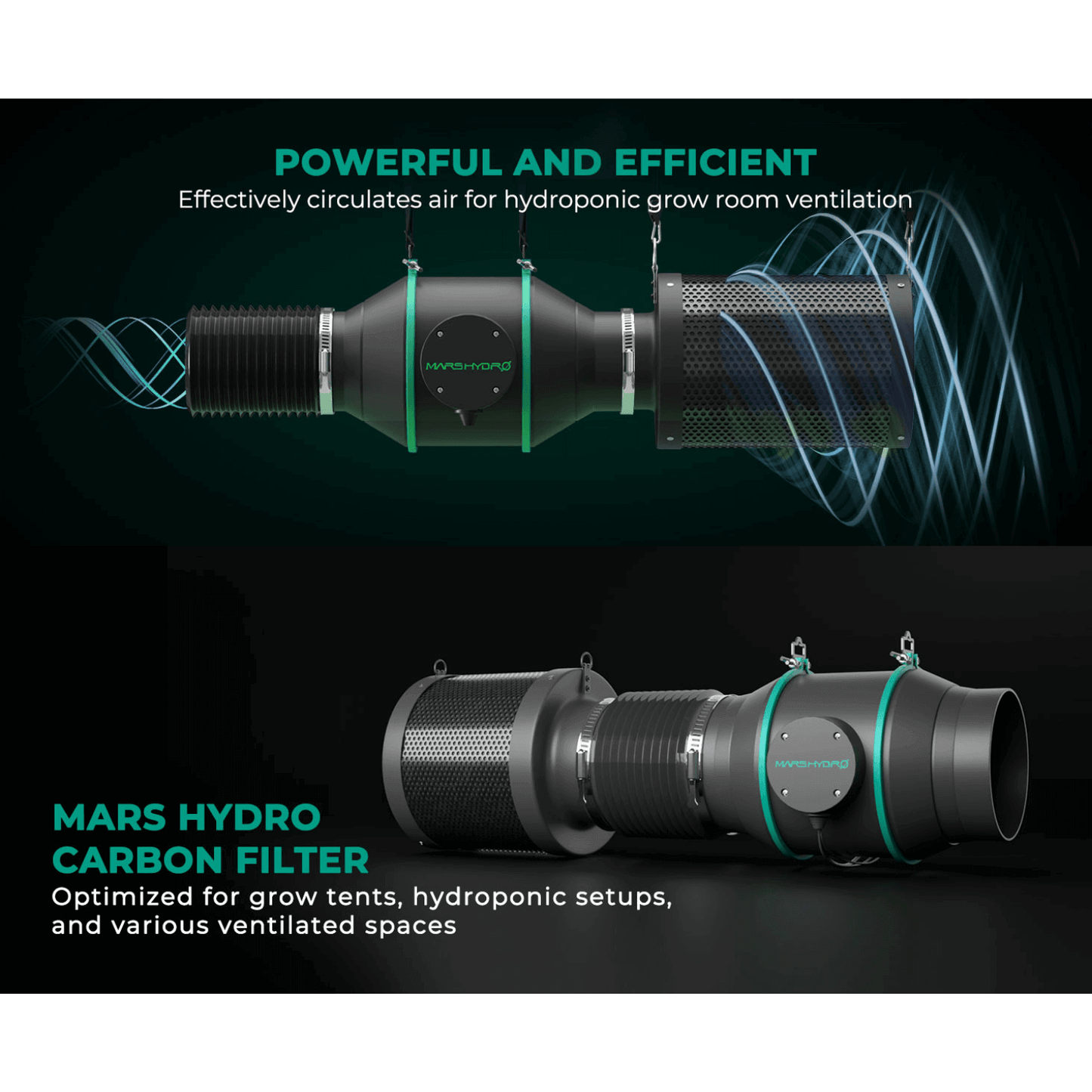 Mars Hydro carbon filter and inline duct fan for effective hydroponic ventilation and air circulation.