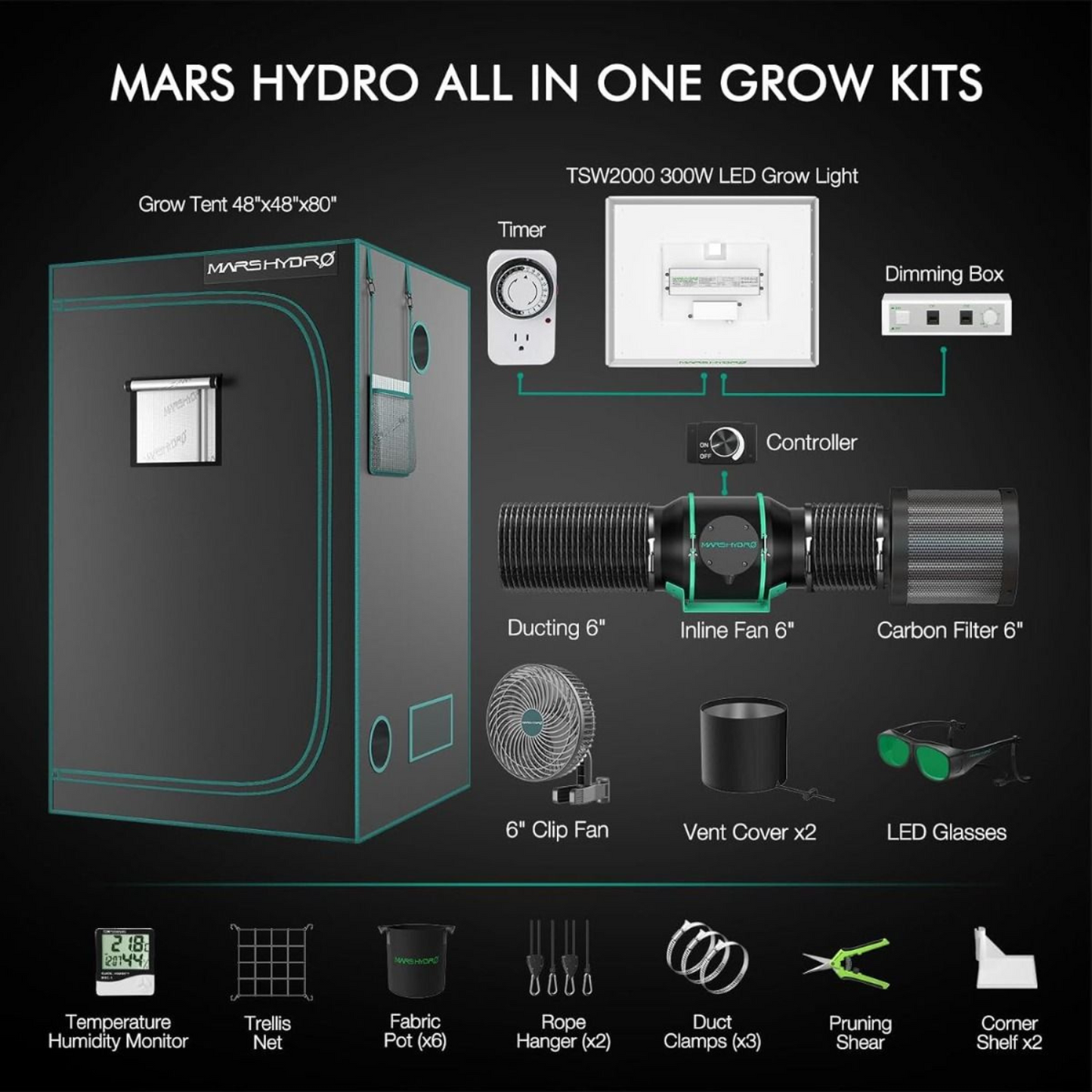 Mars Hydro TSW 2000 LED Grow Light + 4' x 4' Grow Tent + Inline Fan Combo with Speed Controller