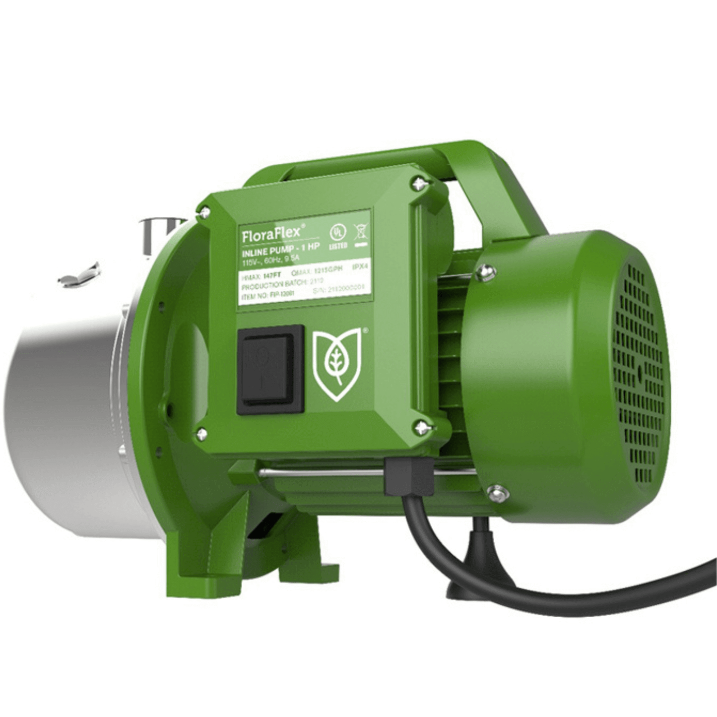 FloraFlex Inline Pump 1 HP for hydroponics with green housing, energy-efficient design, and bulk discount at Grow Tents Depot.