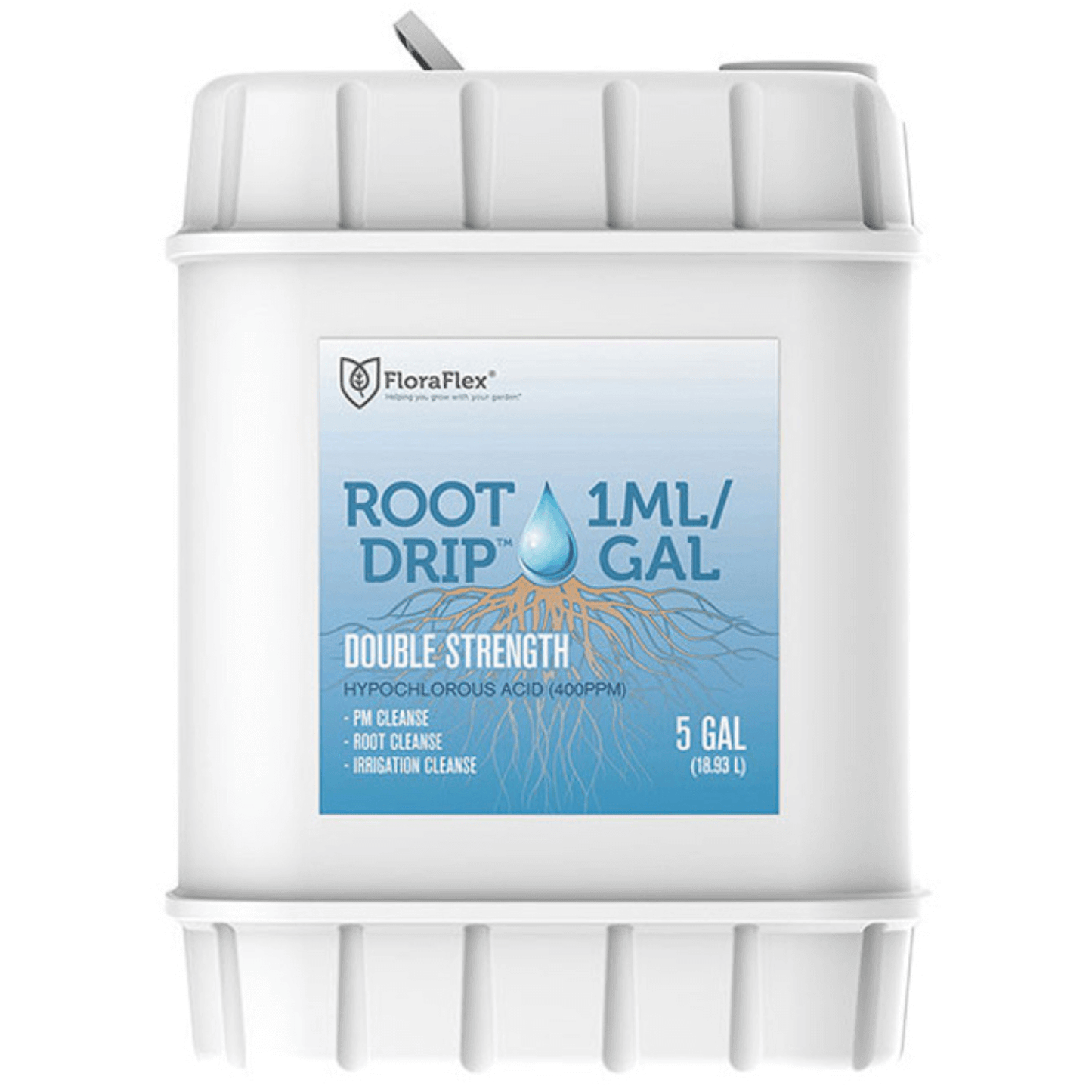 FloraFlex Root Drip Nutrients 5 Gallon container with double strength formula for root, irrigation, and PM cleanse.