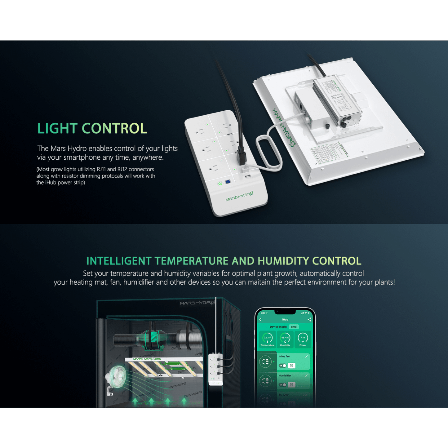 Mars Hydro iHub smart power strip controlling lights and environment for optimal plant growth.