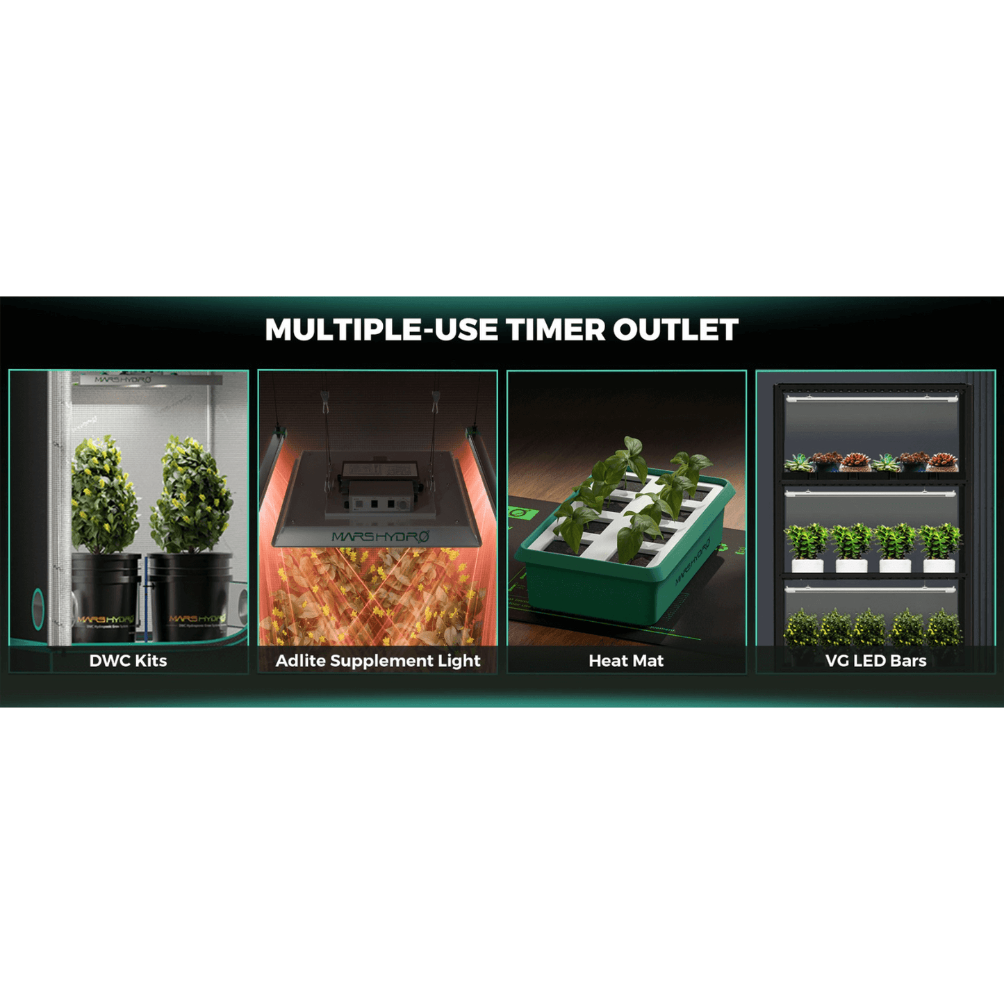 Image showing multiple uses of the Mars Hydro digital timer with DWC kits, supplement light, heat mat, and LED bars.