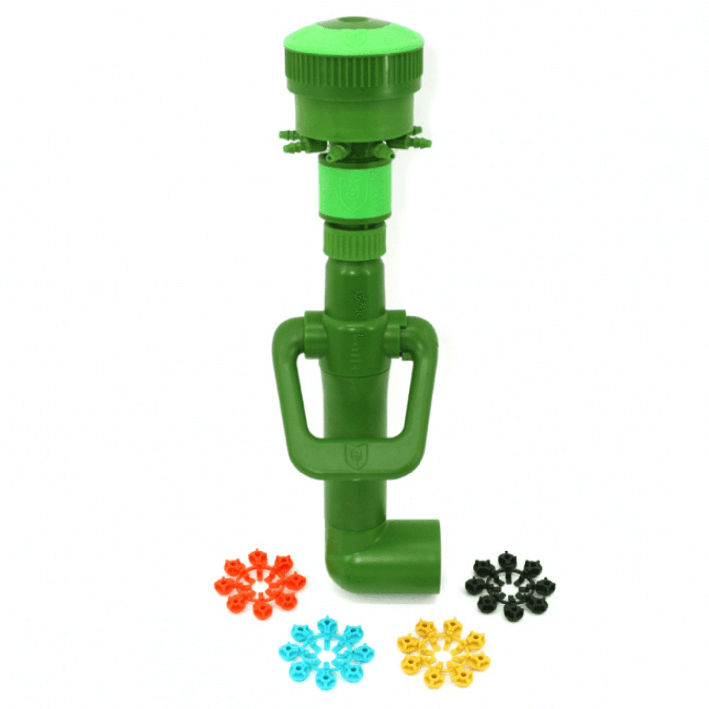 FloraFlex Pipe System MultiFlow 3/4" Elbow with manifold and colorful accessories for efficient plant watering system.