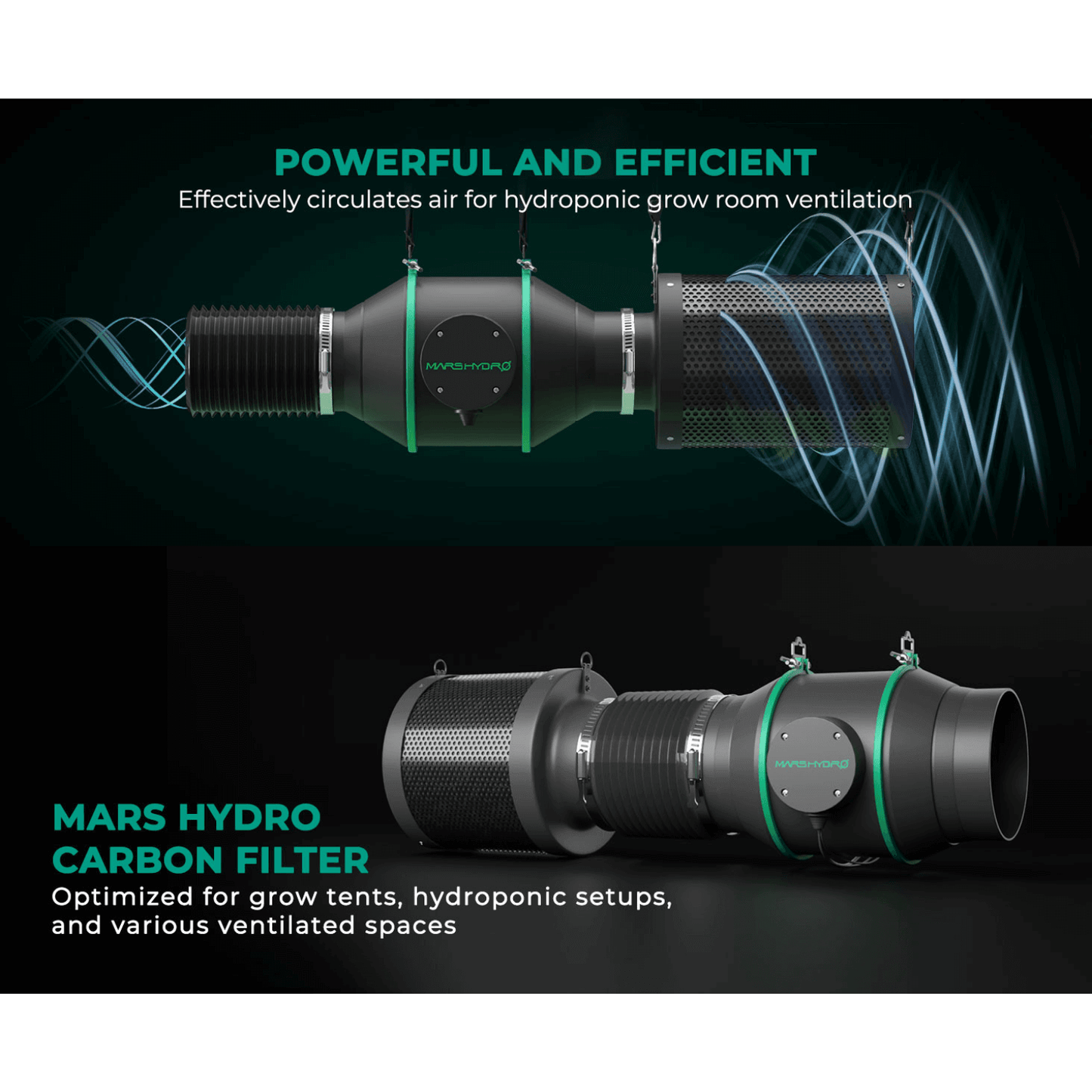 Mars Hydro 6" inline duct fan and carbon filter combo for hydroponic grow room ventilation.