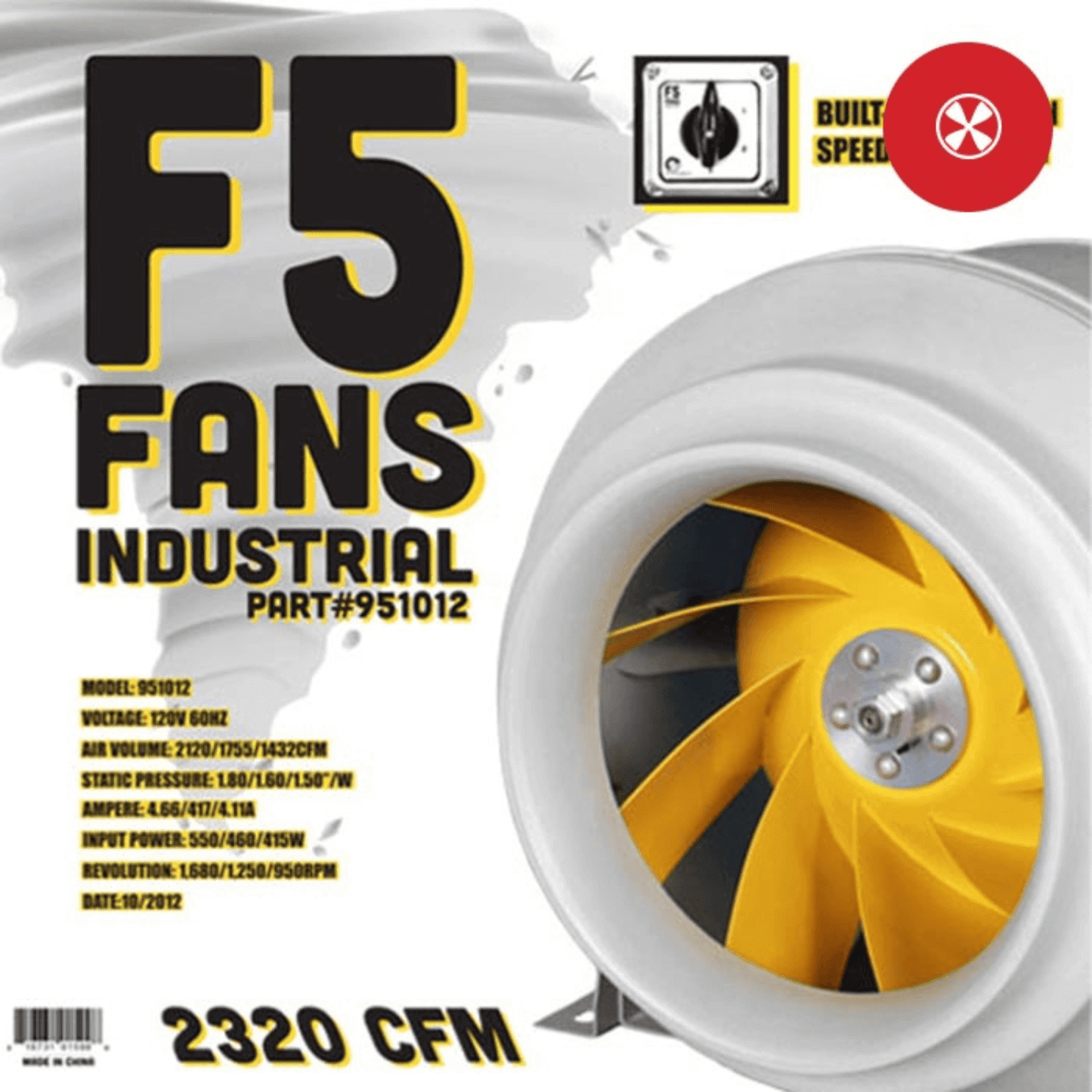 F5 Industrial 12-inch inline duct fan with built-in speed controller for efficient, quiet air movement, model #951012.