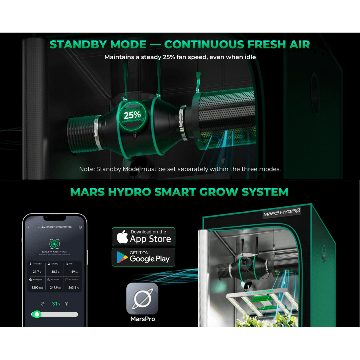 Mars Hydro Smart Grow System image showcasing standby mode and continuous fresh air features with fan speed indicator.