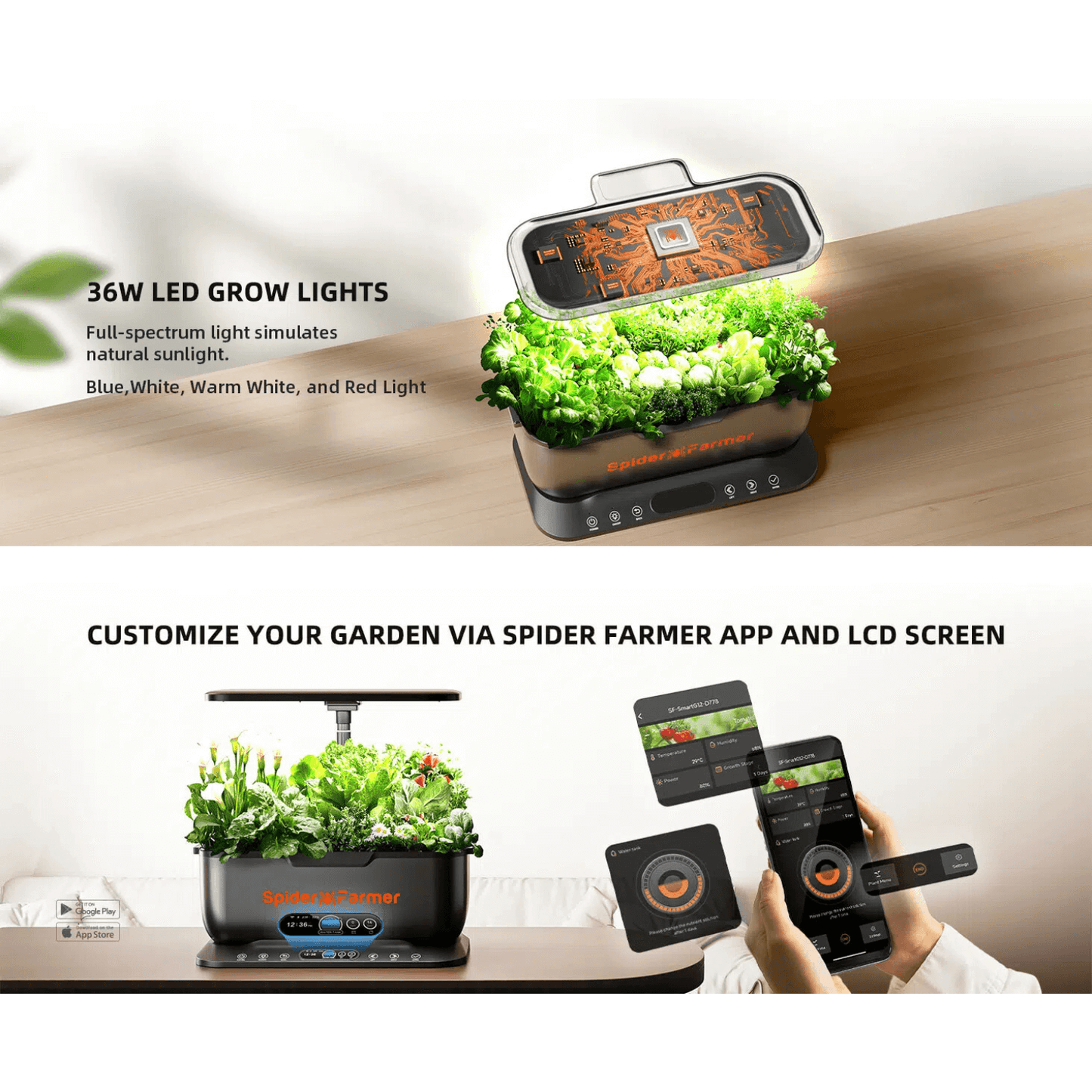 Spider Farmer Hydroponics growing system with 36W LED grow lights for customizable plant growth.