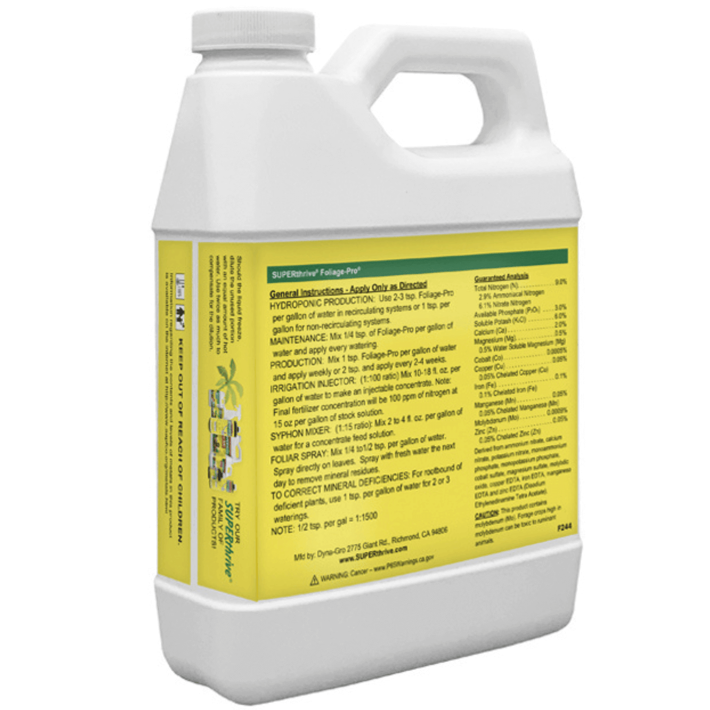 Dyna-Gro SUPERthrive Foliage-Pro 1 Quart bottle with nutrient information label for optimal plant growth.