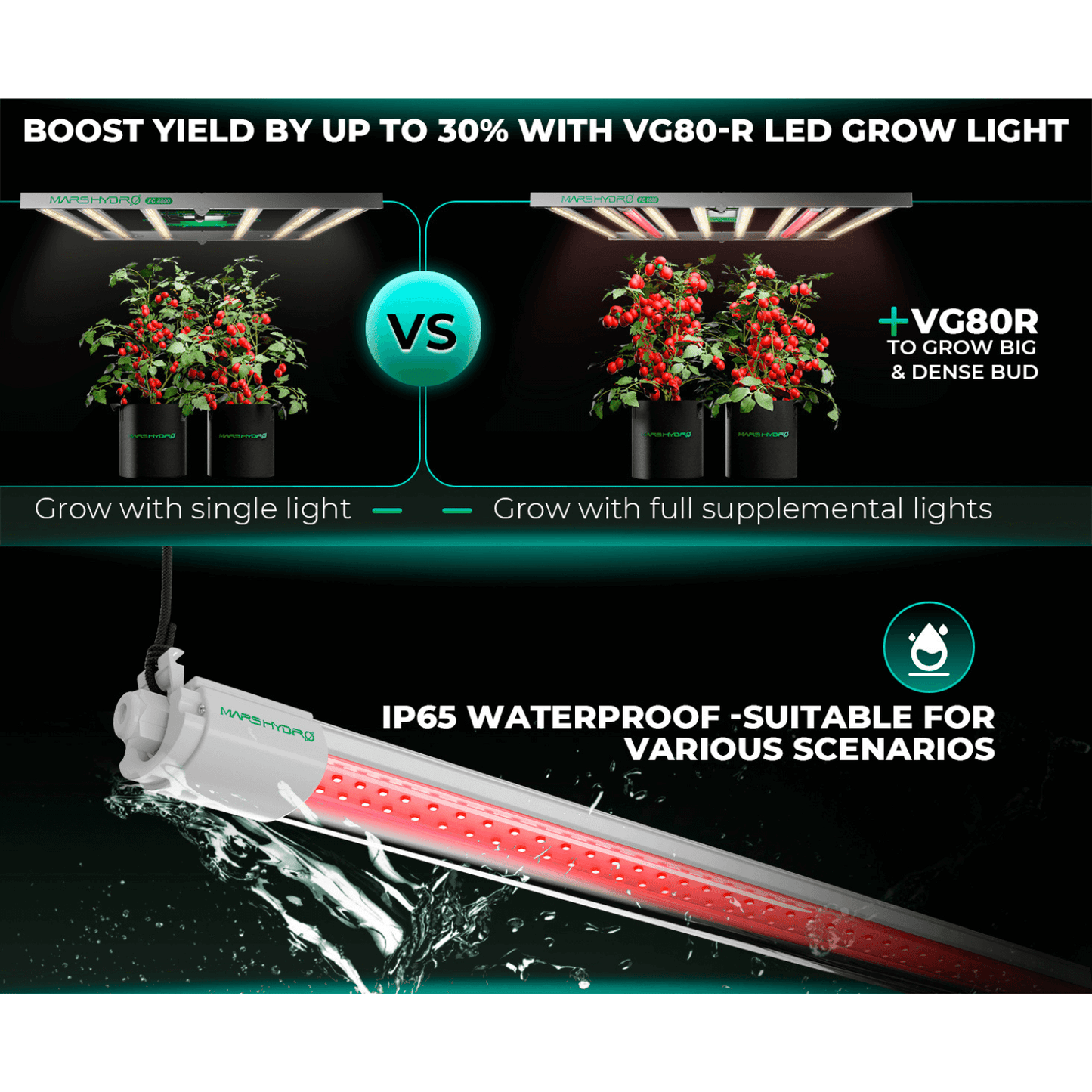 Comparison image showing Mars Hydro VG80-R LED grow light benefits for higher yield and waterproof features.