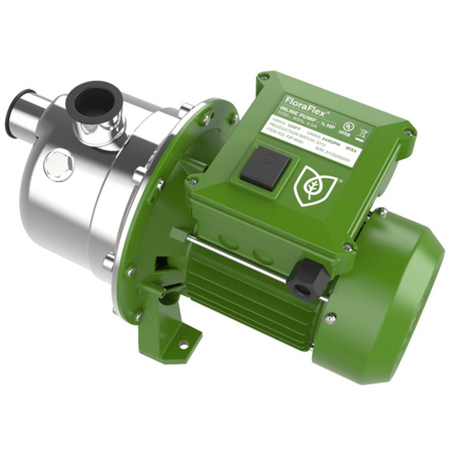 FloraFlex Inline Pump 1/2 HP in green, ideal for hydroponic systems, energy-efficient design for optimal water circulation.