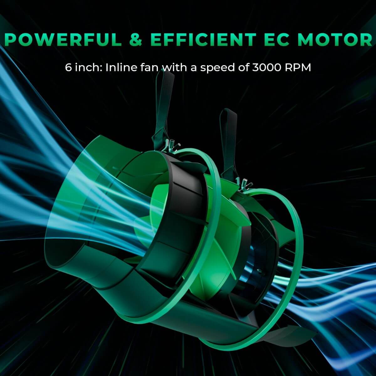 6-inch inline fan with EC motor, 3000 RPM, designed for efficient air circulation in indoor grow tents.