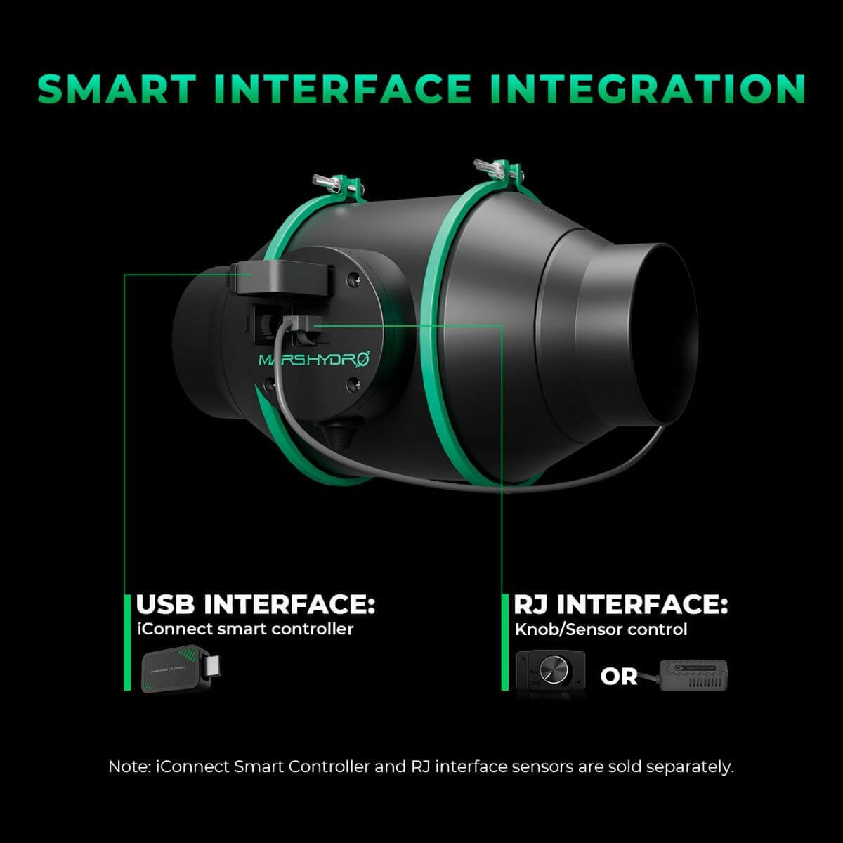Mars Hydro smart inline duct fan with USB and RJ interfaces for easy integration and control.