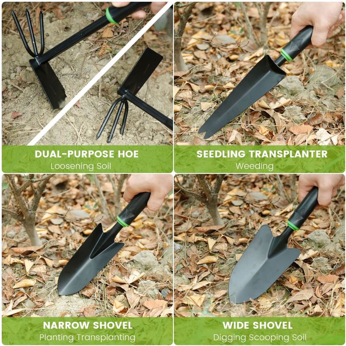 Mars Hydro 6 Piece Heavy Duty Garden Tool Set featuring dual-purpose hoe, seedling transplanter, narrow and wide shovels.