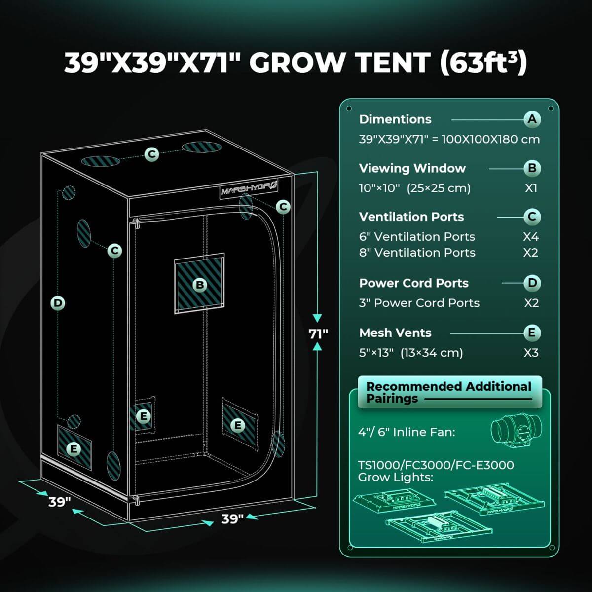 Mars Hydro 39x39x71 grow tent dimensions and features illustration for indoor gardening.