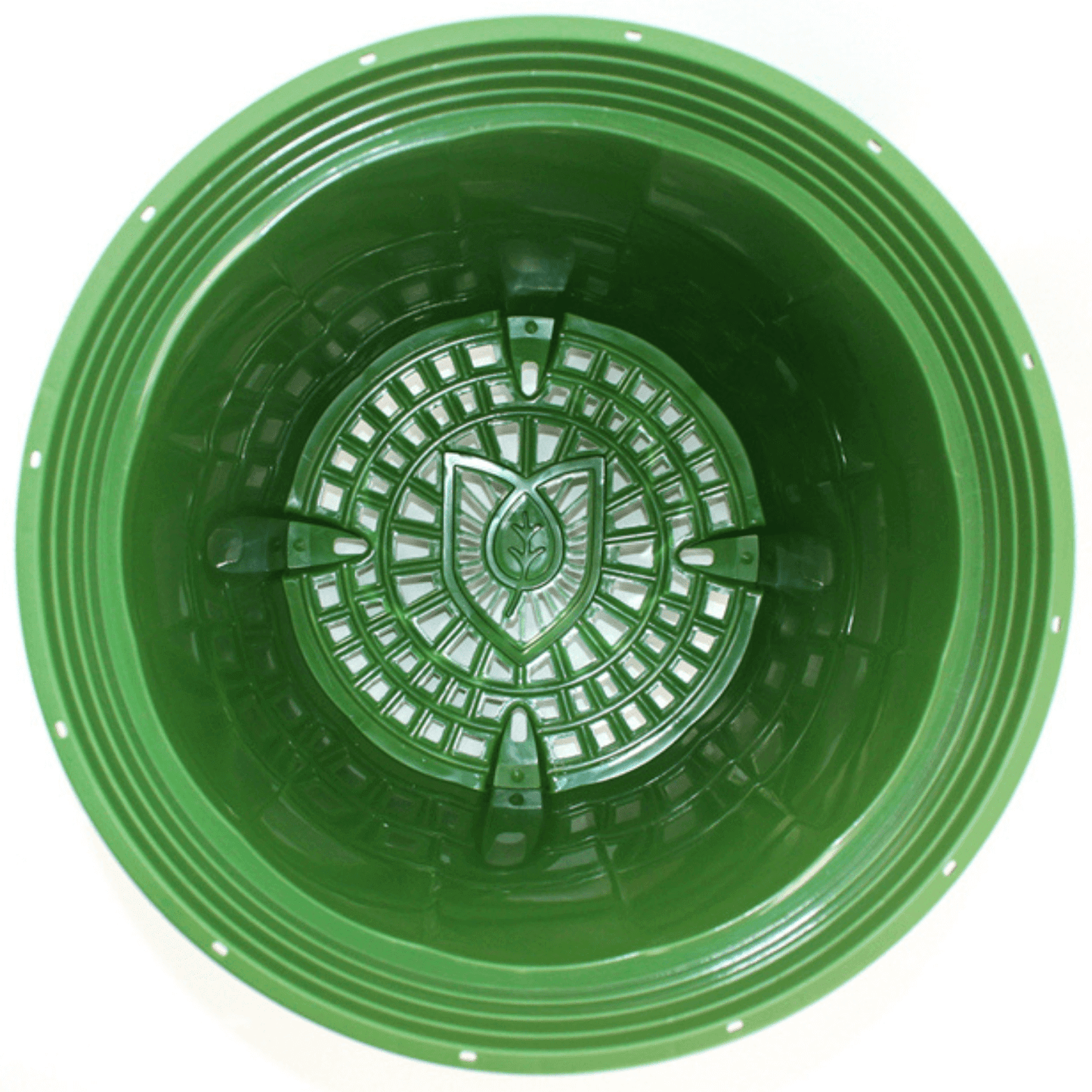 Top view of FloraFlex PotPro 3 Gallon Bucket in green, showcasing interior design for optimal plant growth and drainage.