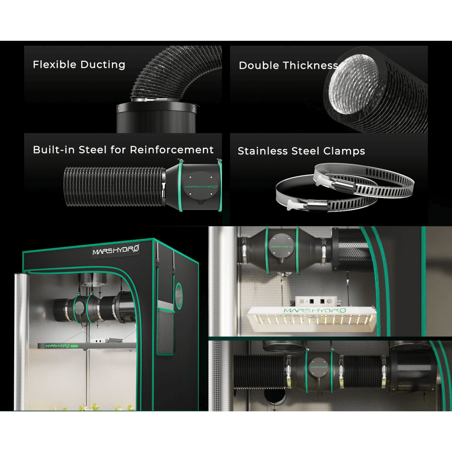 Mars Hydro ventilation system components including flexible ducting, steel reinforcement, and durable stainless steel clamps.